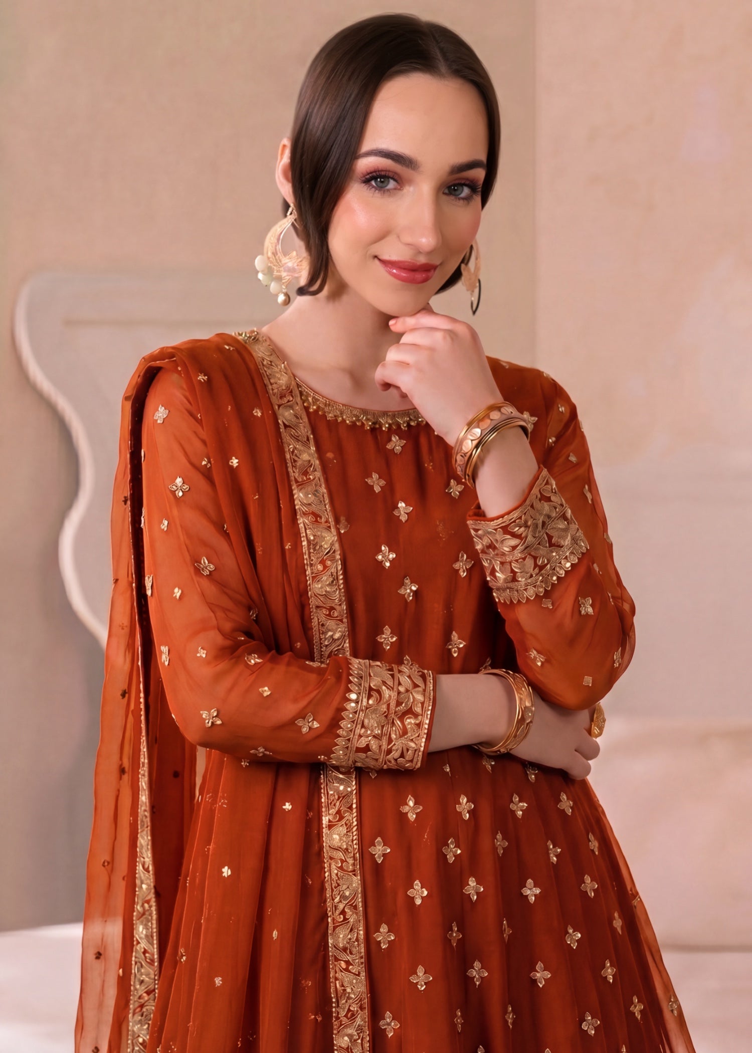chiffon Pishwas in Rust orange