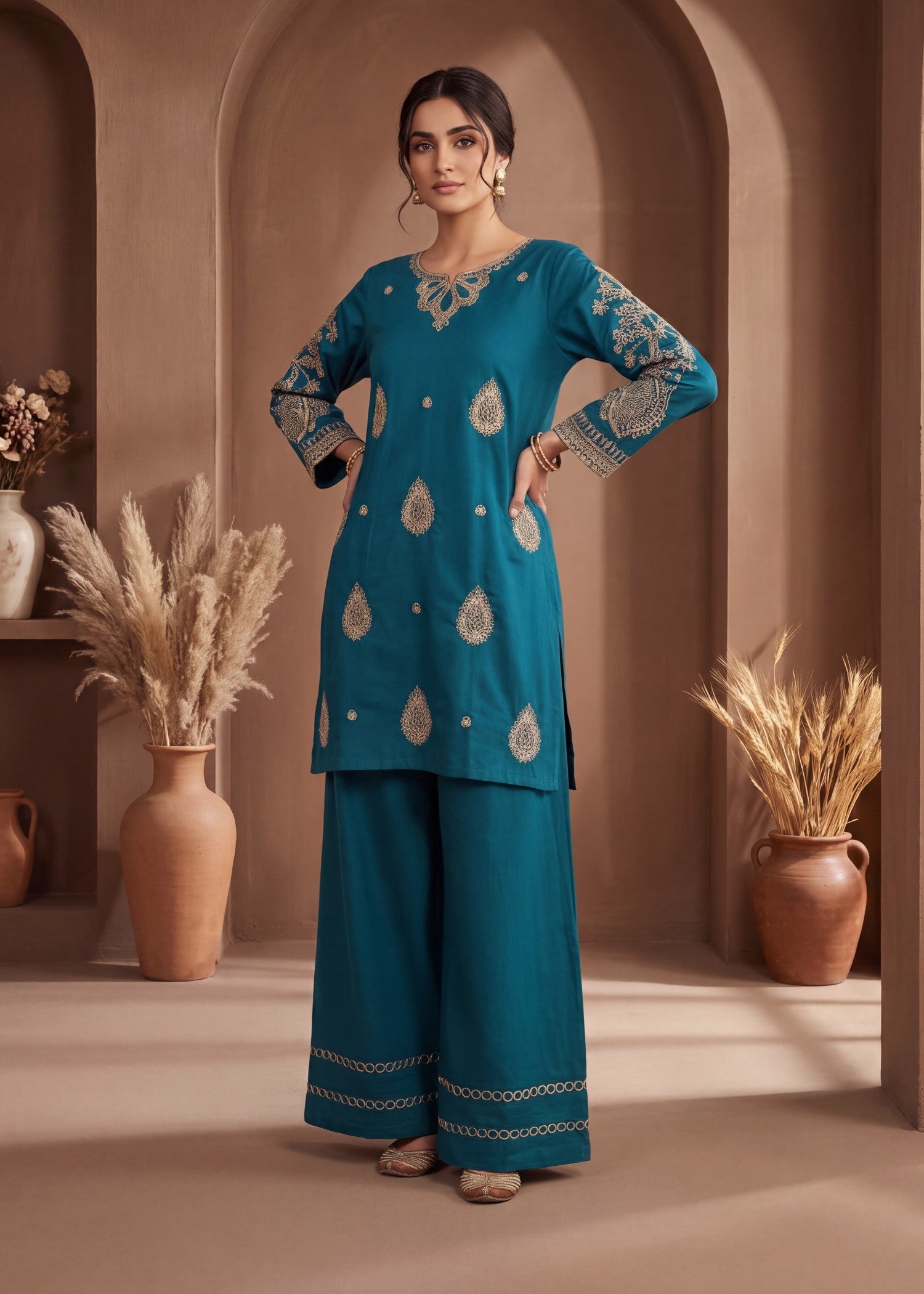 cotton dobby Kurta Set in Sea green