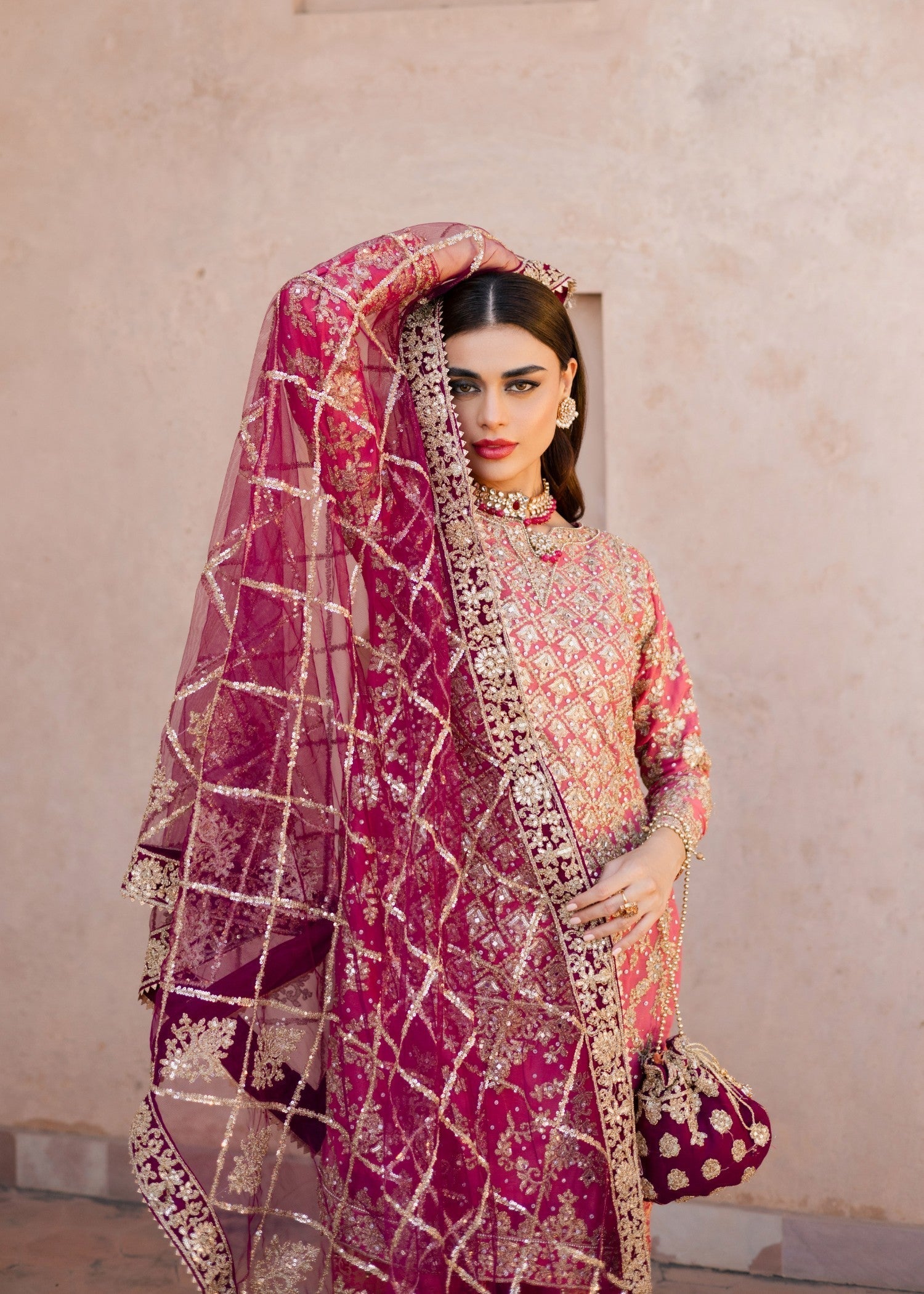 chiffon Gharara in Coral pink