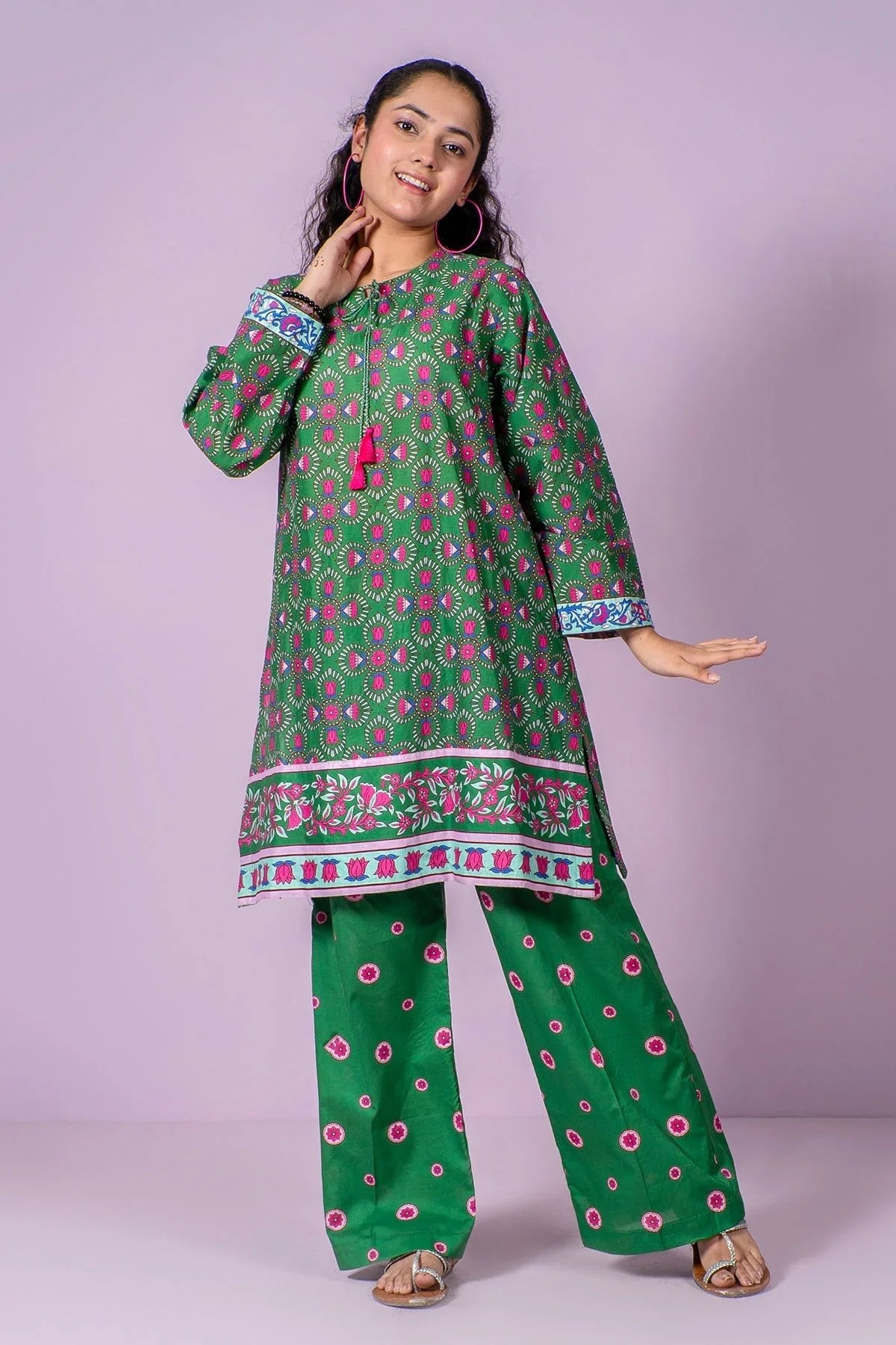 lawn cotton Kurta Set in Dark green
