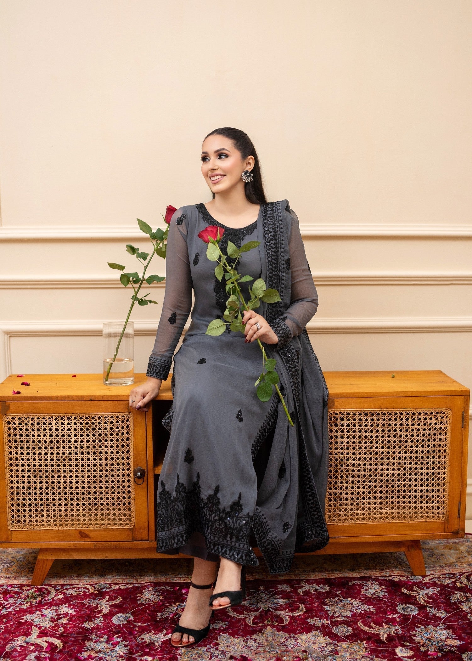 bemberg crinkle chiffon Kurta Set in Slate grey