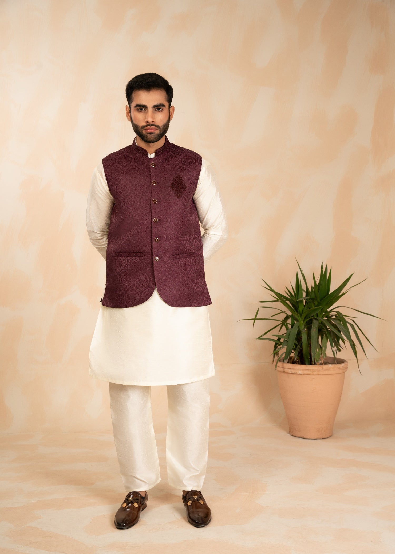 jamawar Waistcoat in Magenta