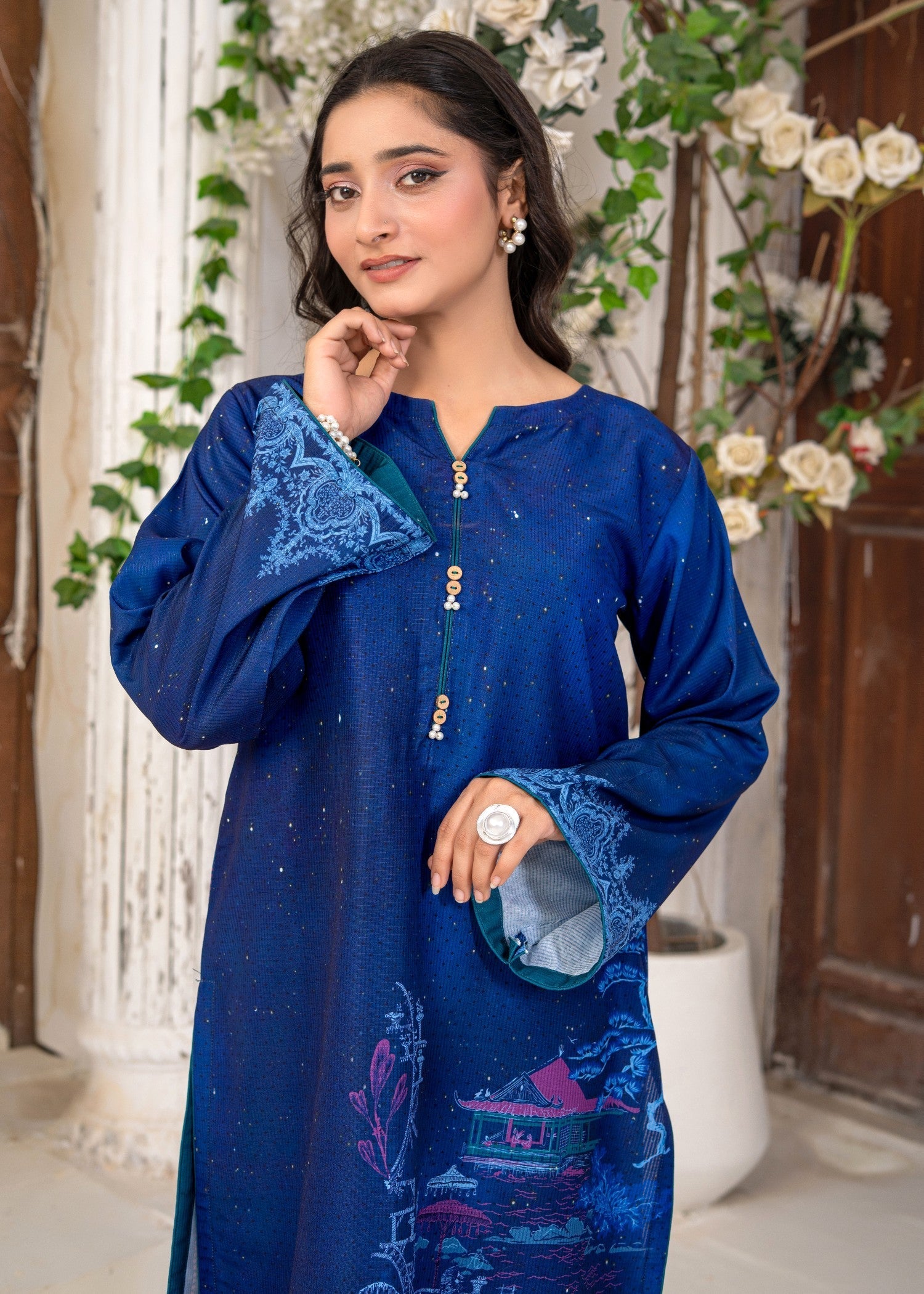 swiss lawn Kurta Set in Blue, dark blue, midnight blue