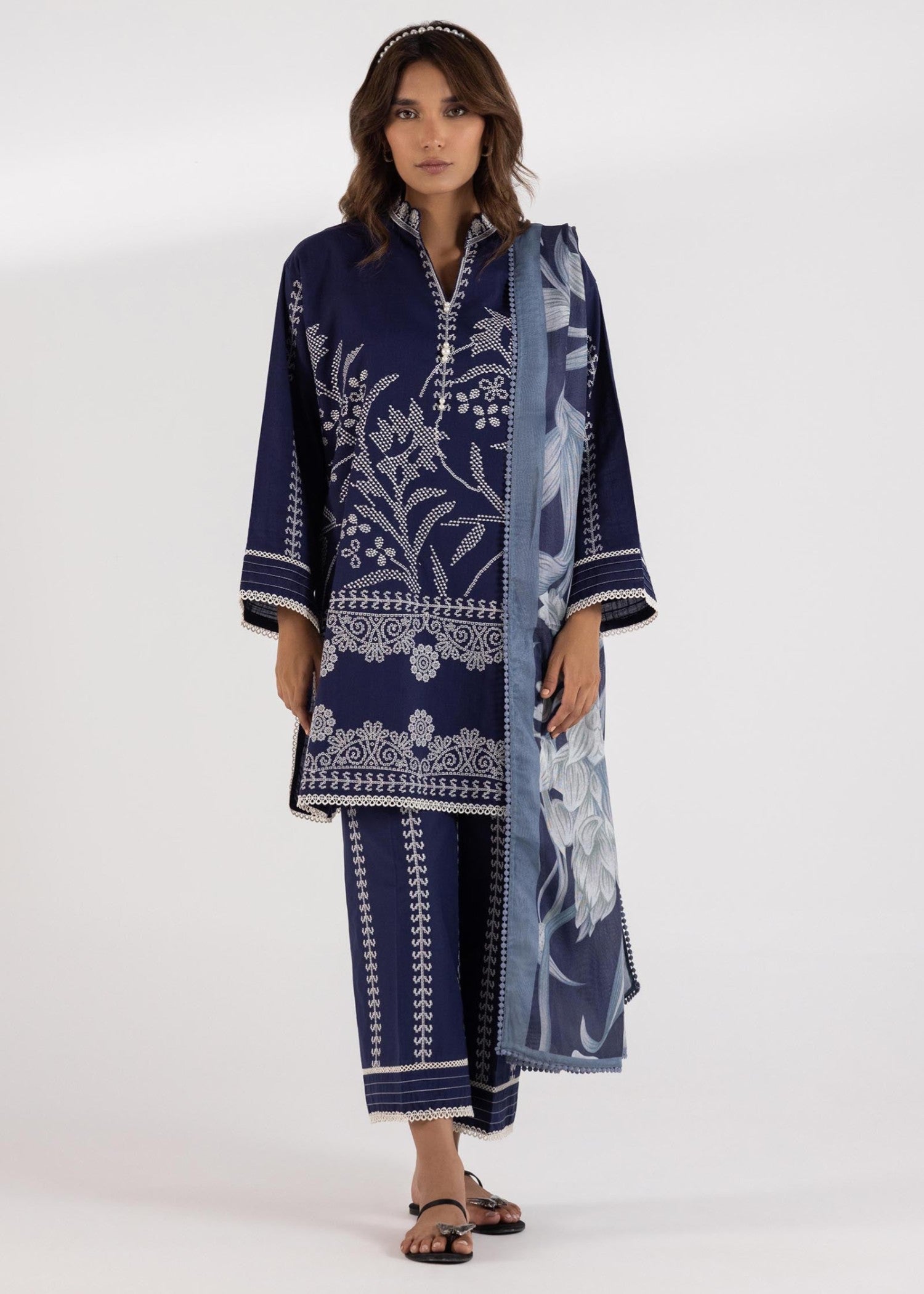 slub lawn Kurta Set in Navy blue