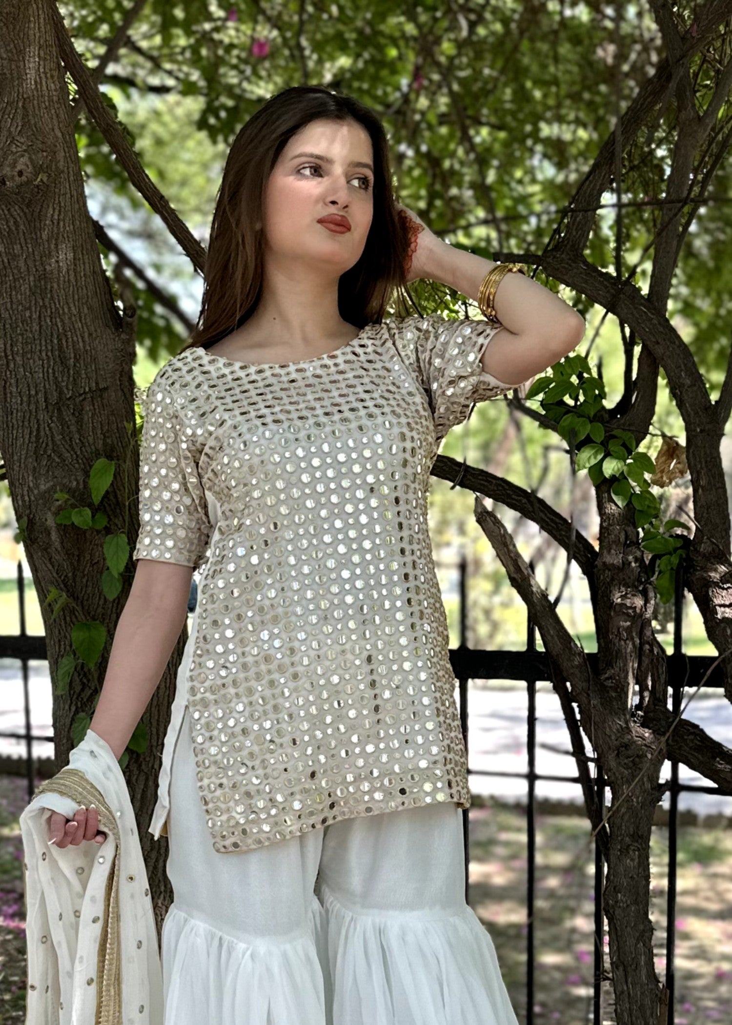 bemberg crinkle chiffon Gharara in White