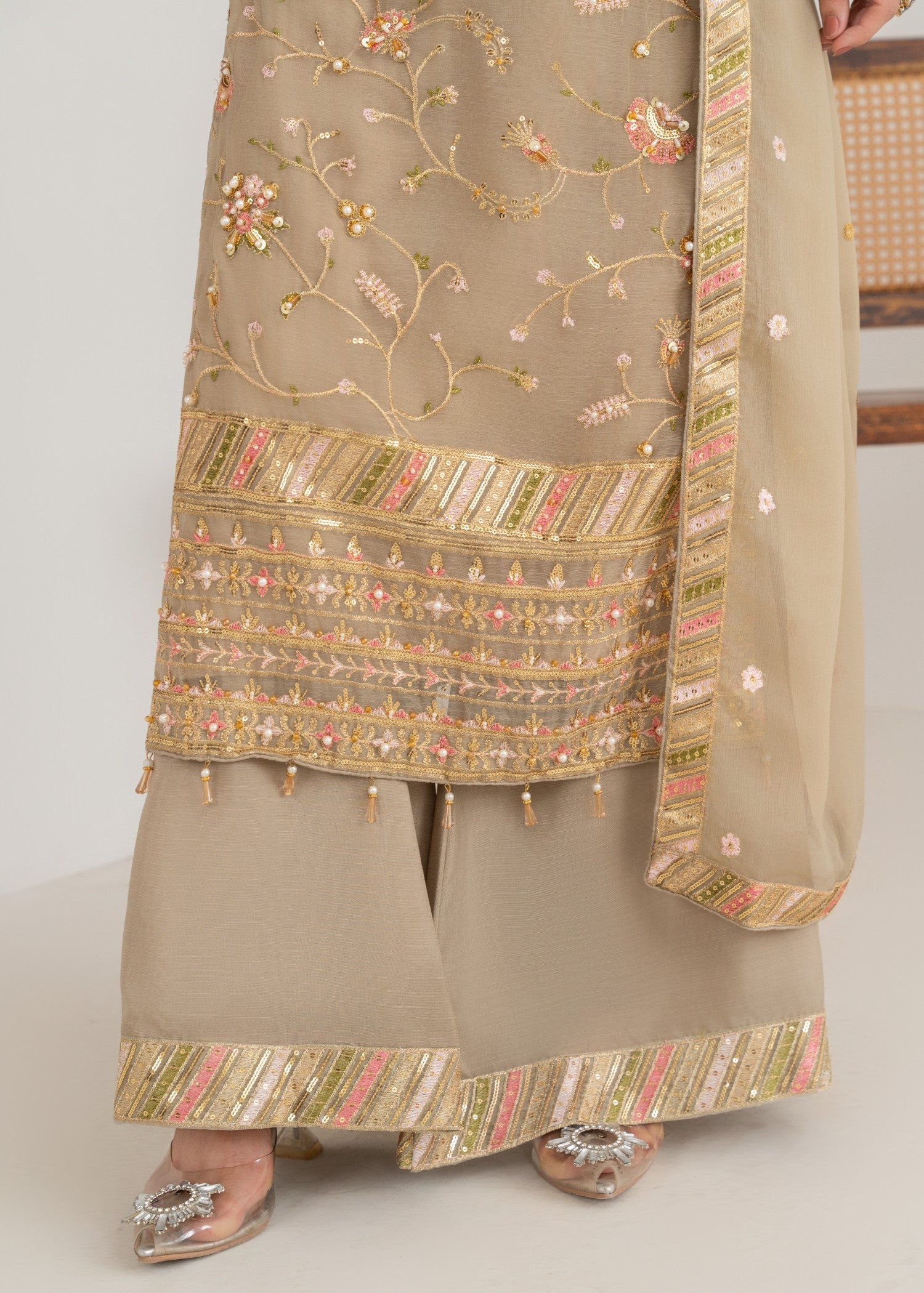 crinkle chiffon Kurta Set in Beige