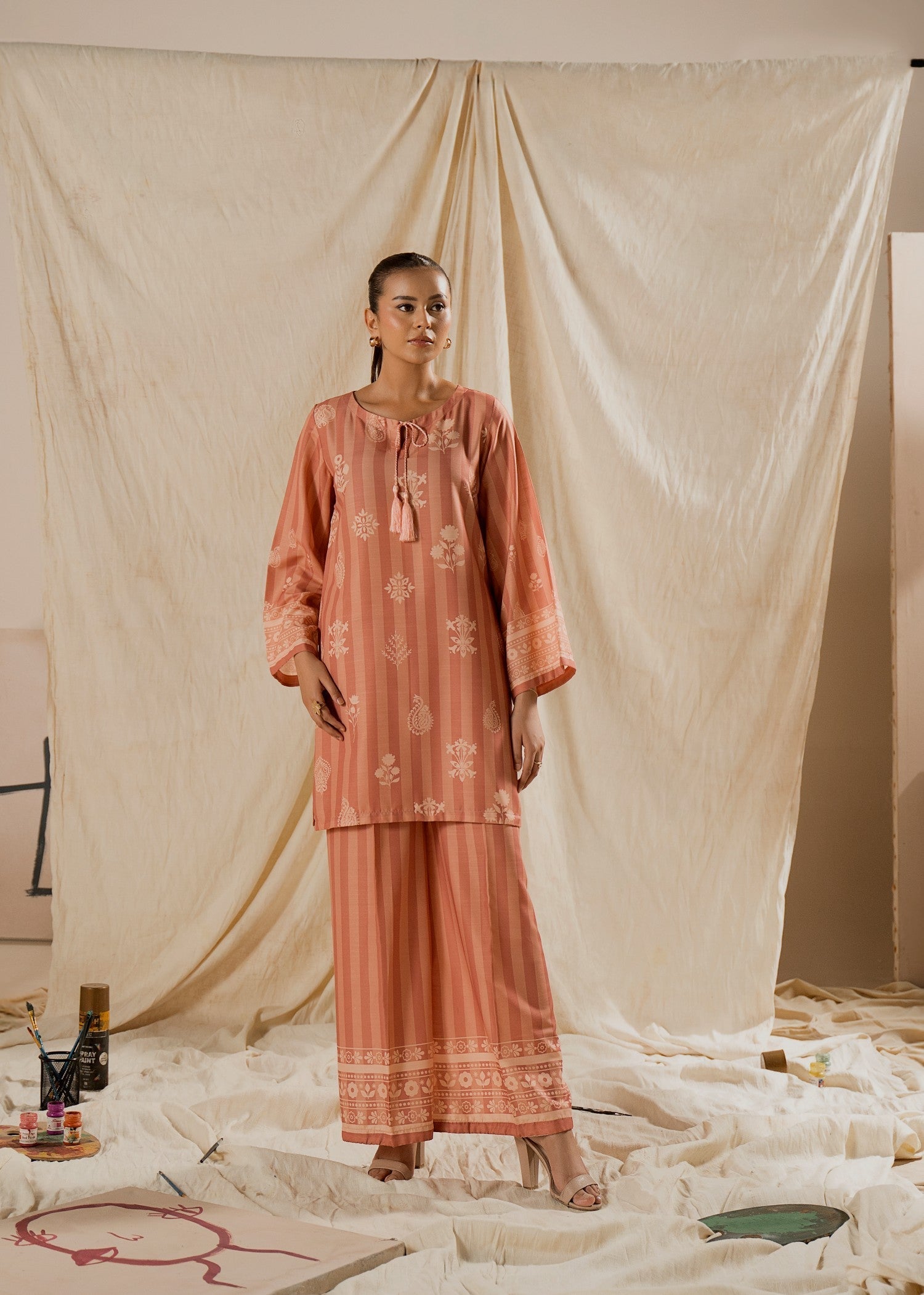 raw silk Co Ord Sets in Peach pink