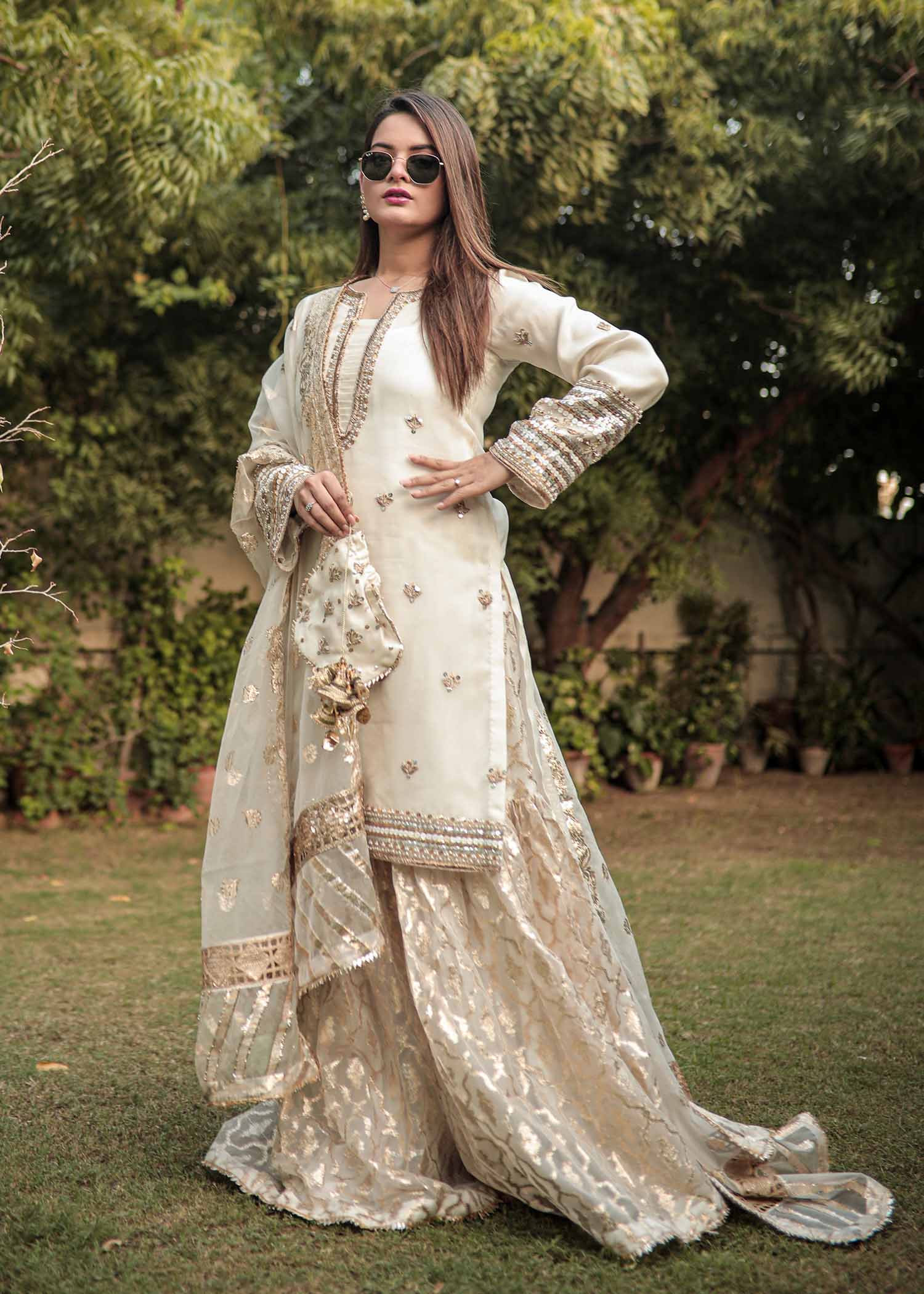 organza Gharara in White