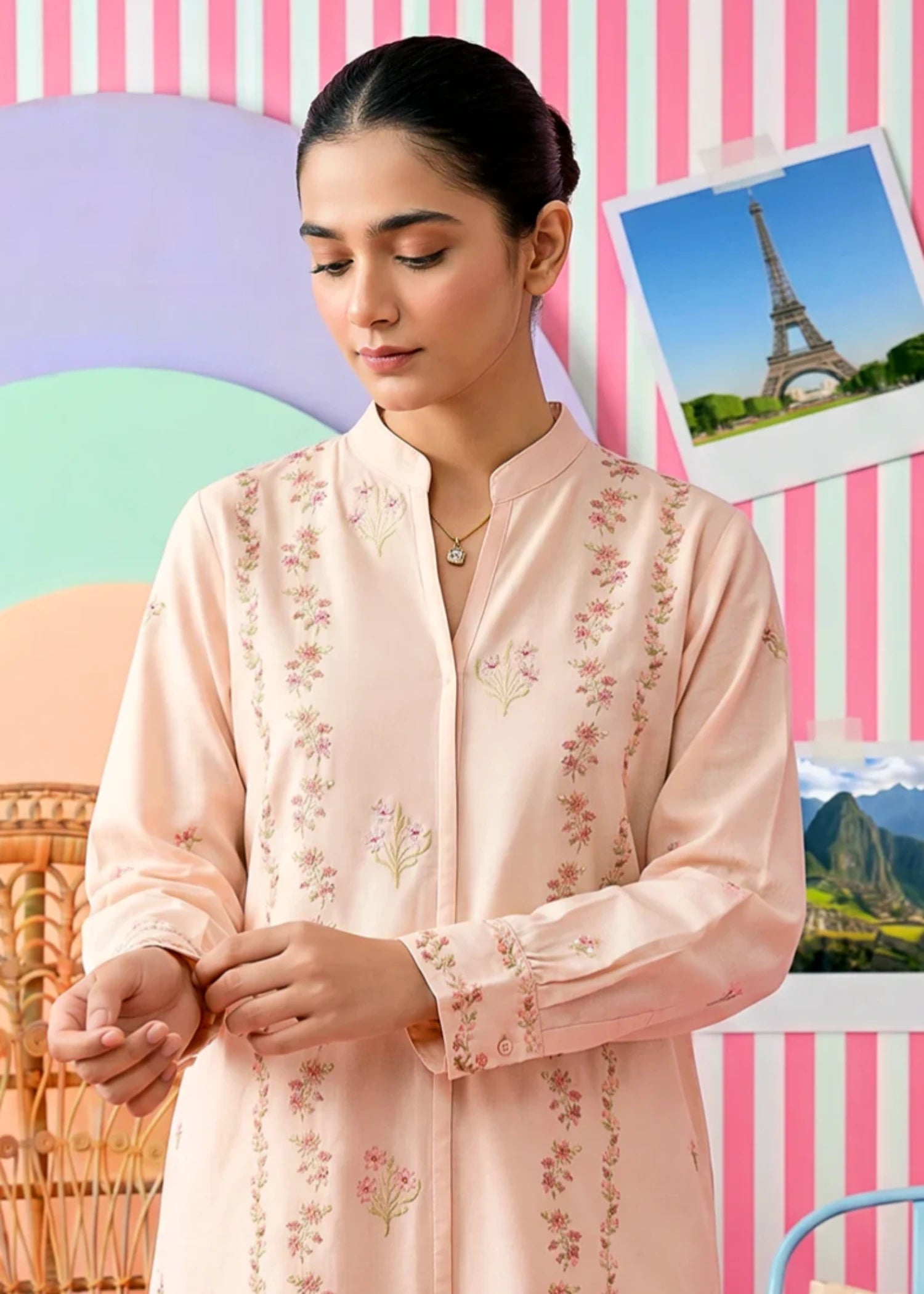 jacquard Kurta Set in Peach orange
