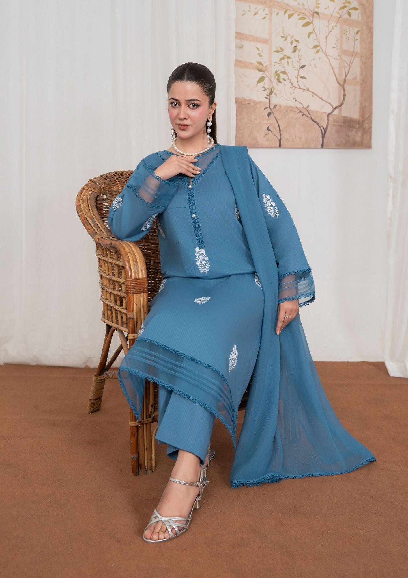 textured lawn Kurta Set in Pacific blue