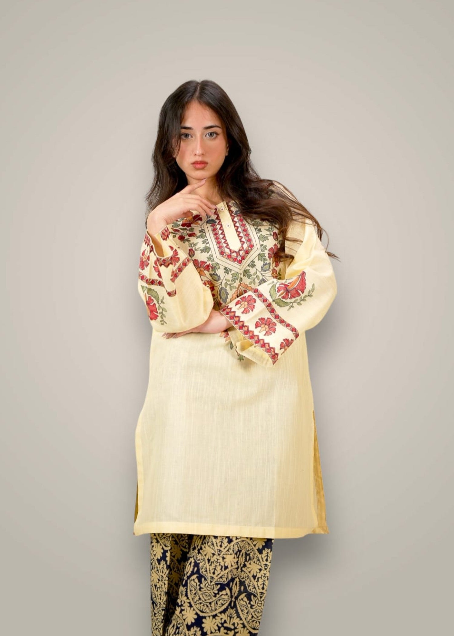 khaddar Kurta Set in Buttercream