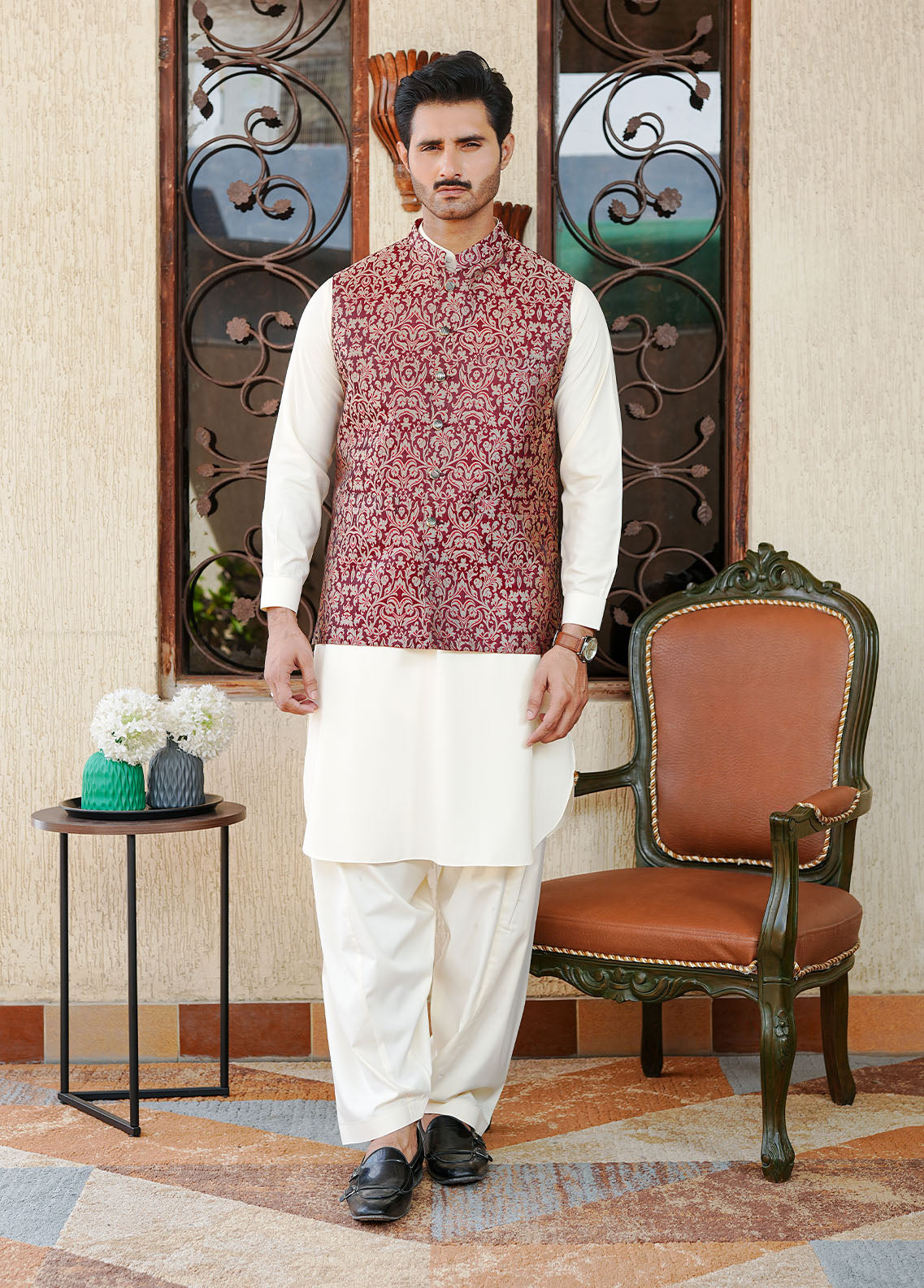 traditional jamawar Waistcoat in Cardinal red