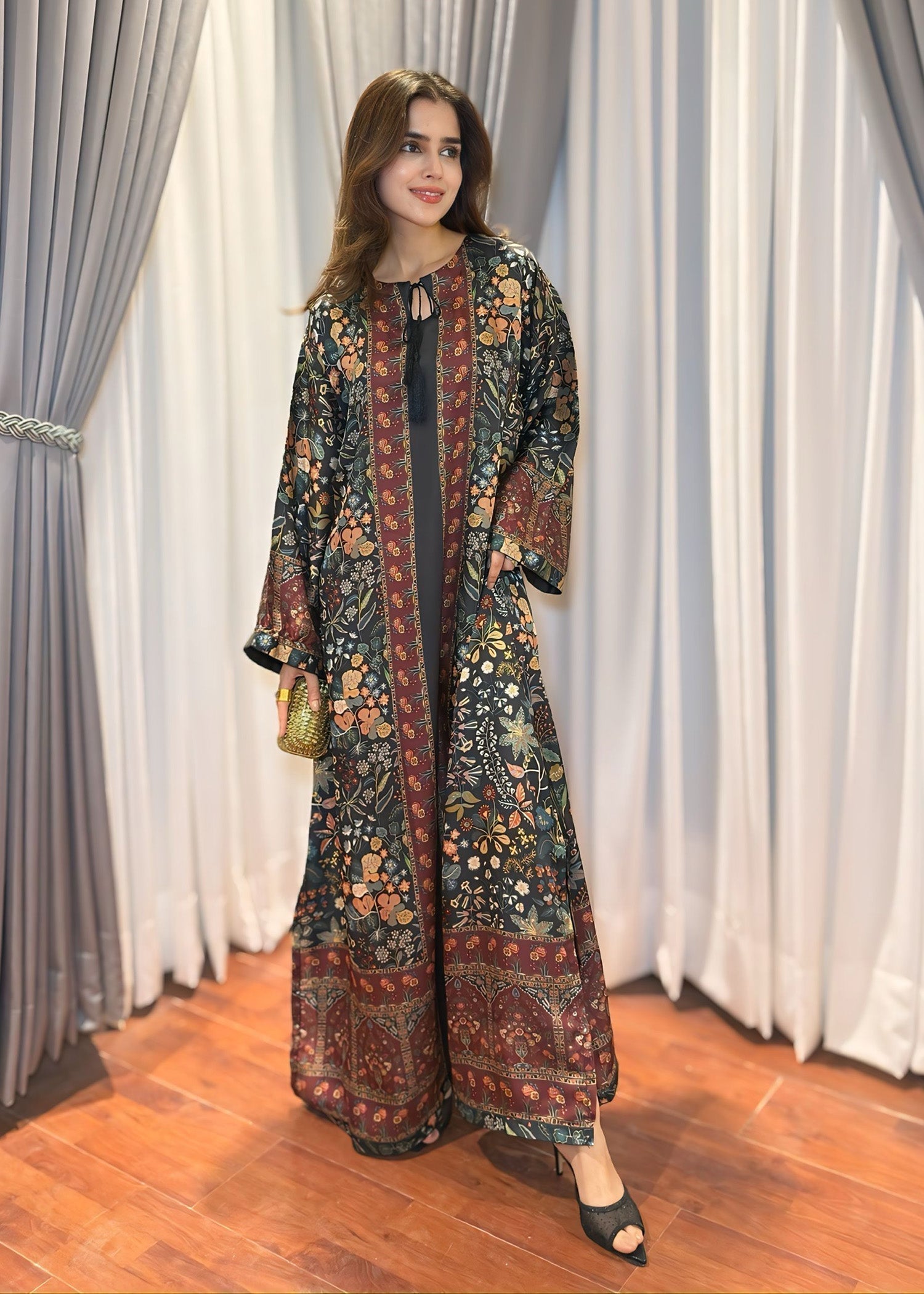 satin silk Kaftan in Black