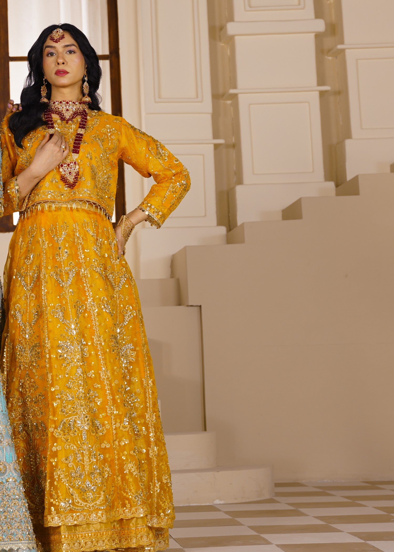 organza Lehenga in Marigold