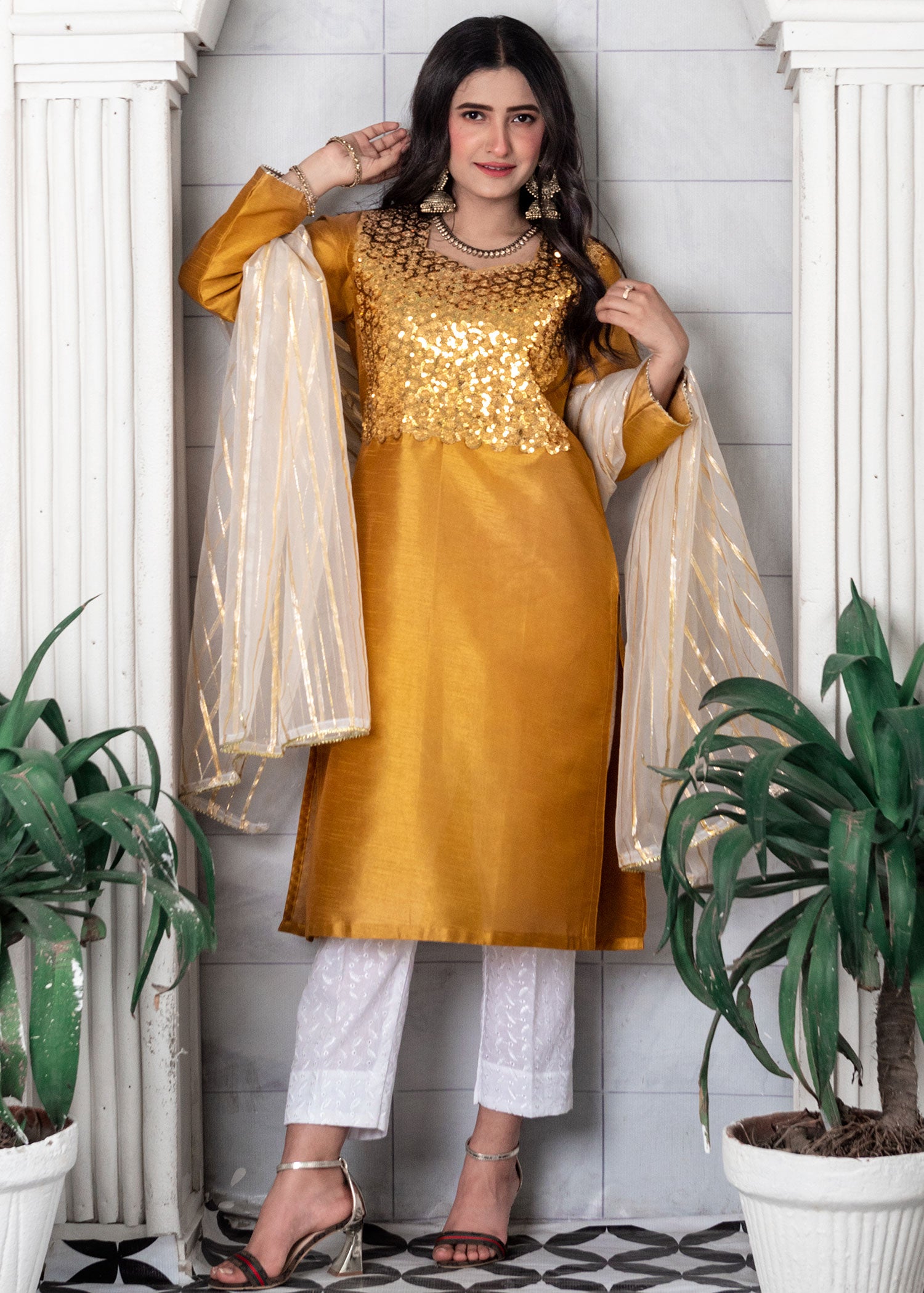 silk Kurta Set in Bronze orange