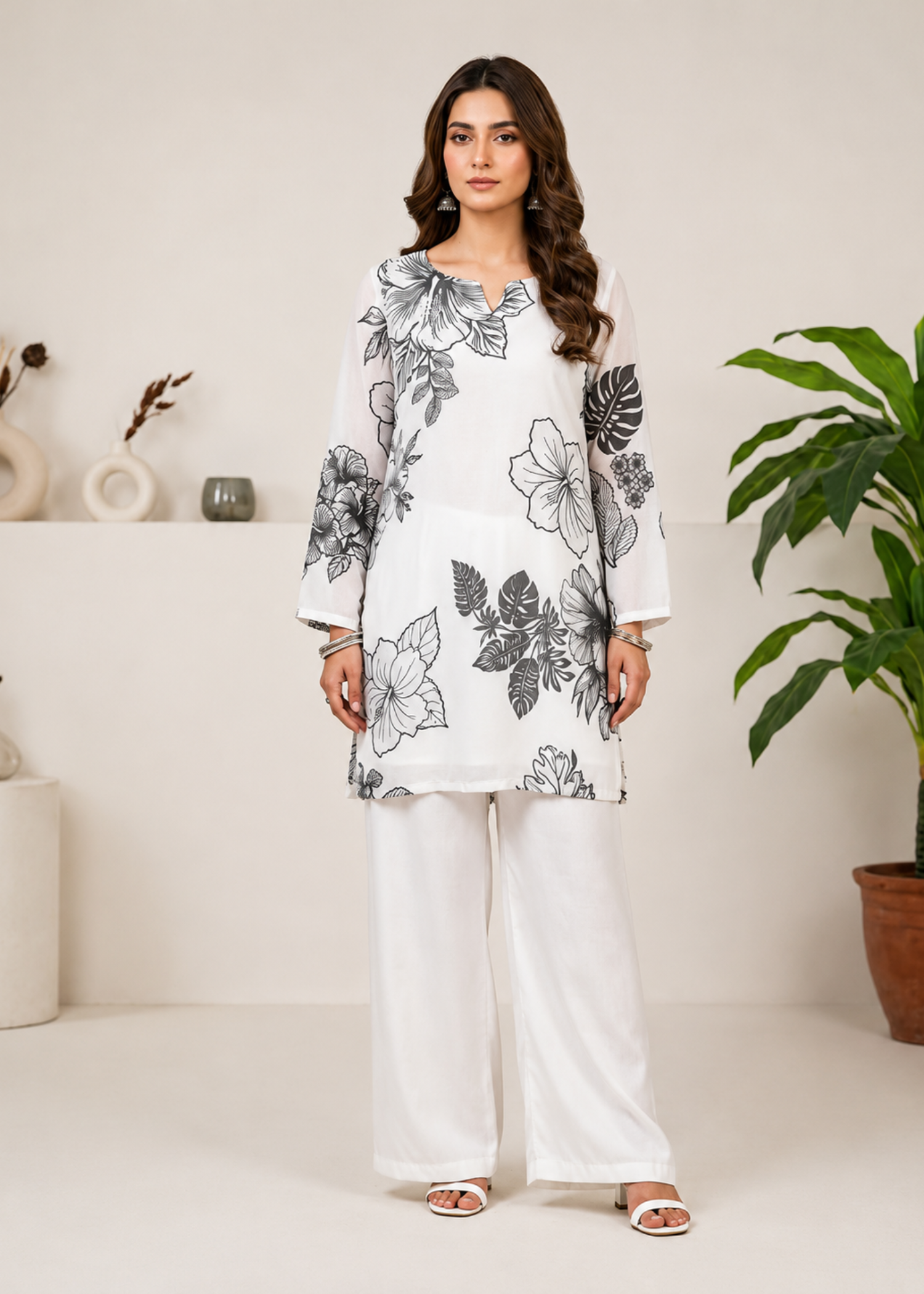 chiffon Kurta Set in Black, white