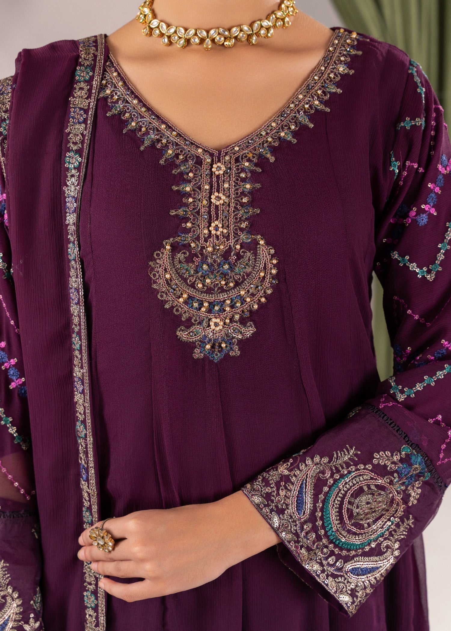 crinkle chiffon Pishwas in Purple