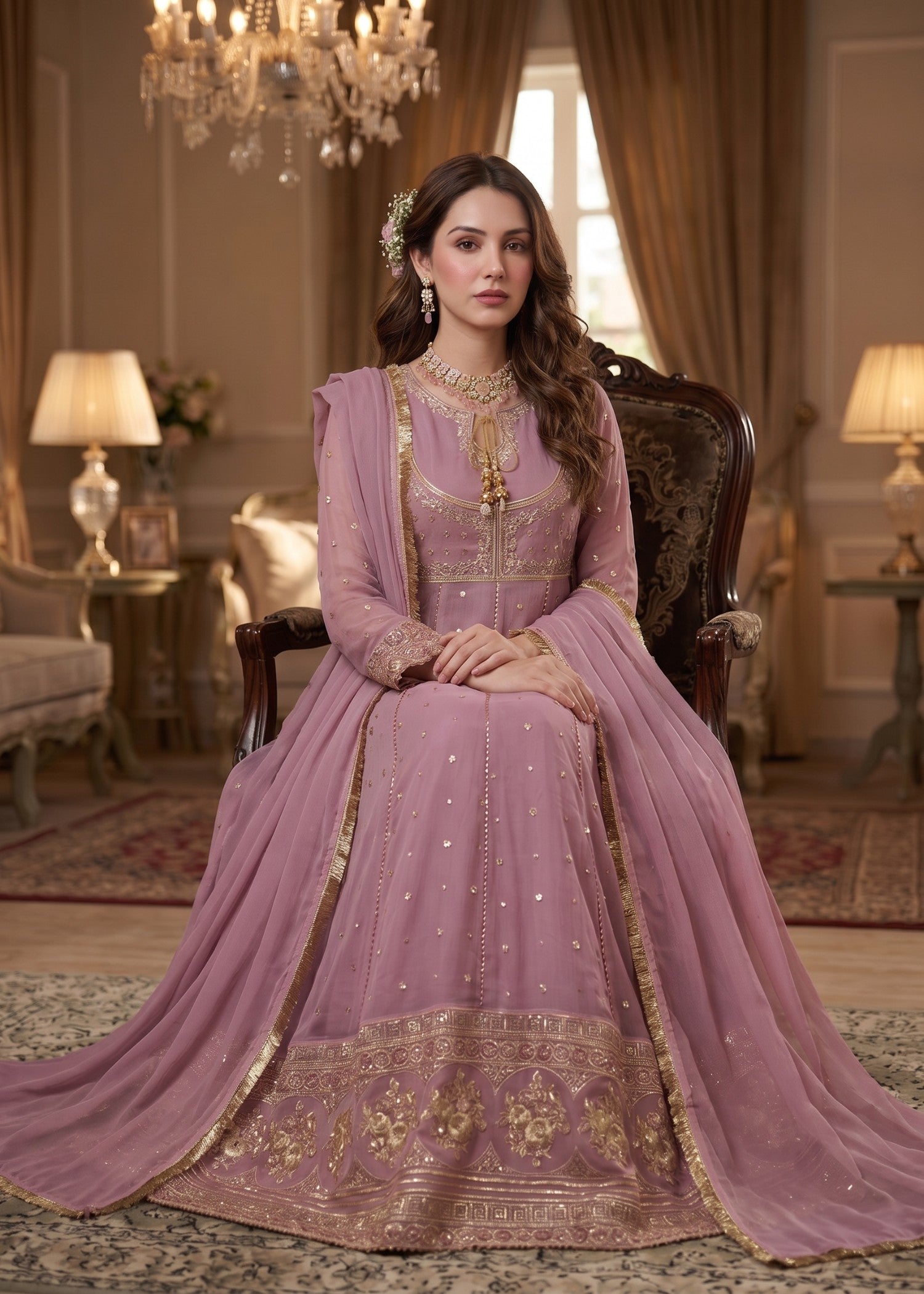 chiffon Anarkali in Mauve pink