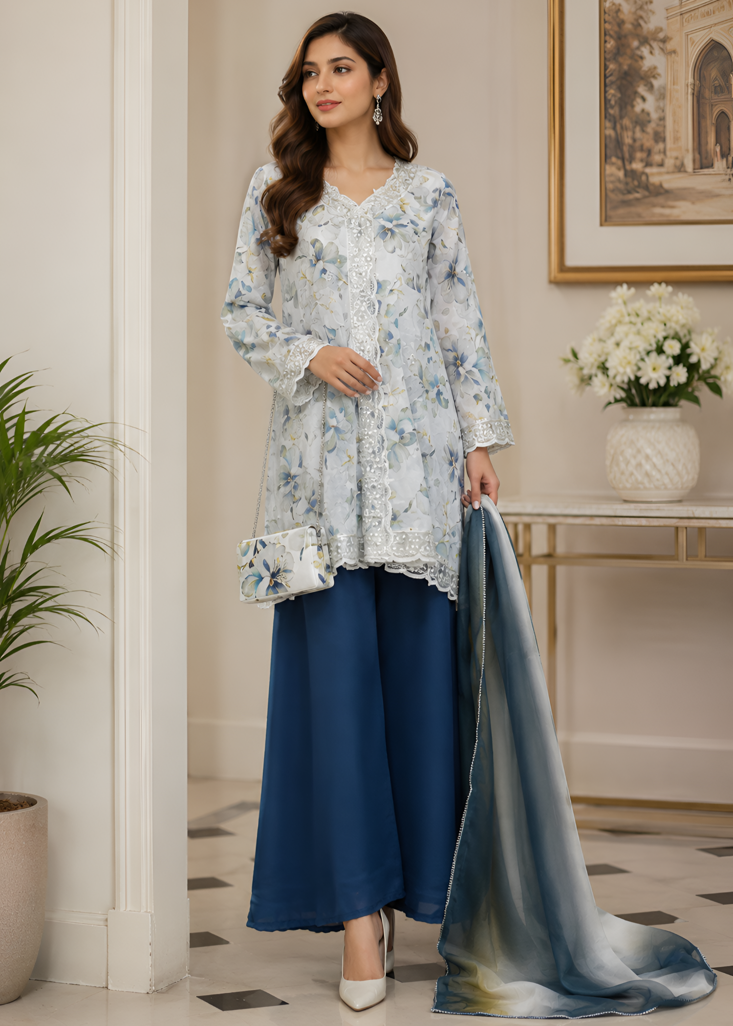 crepe Short Frock in Blue