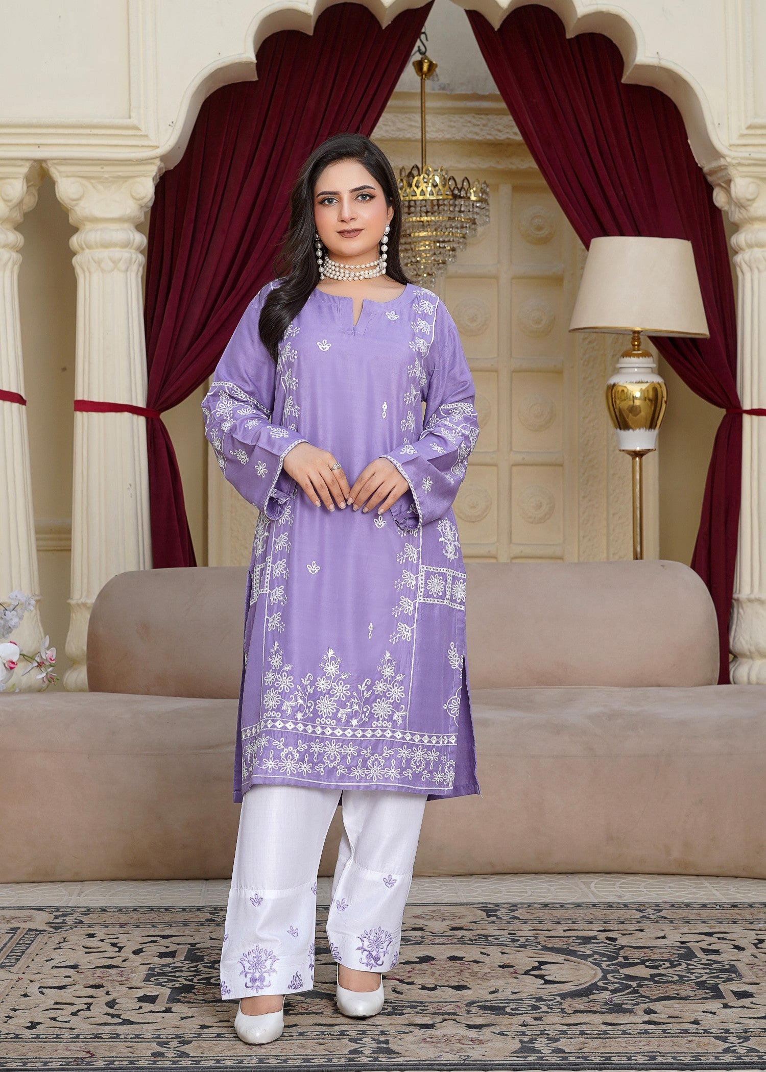 arabic lawn Kurta Set in Lilac