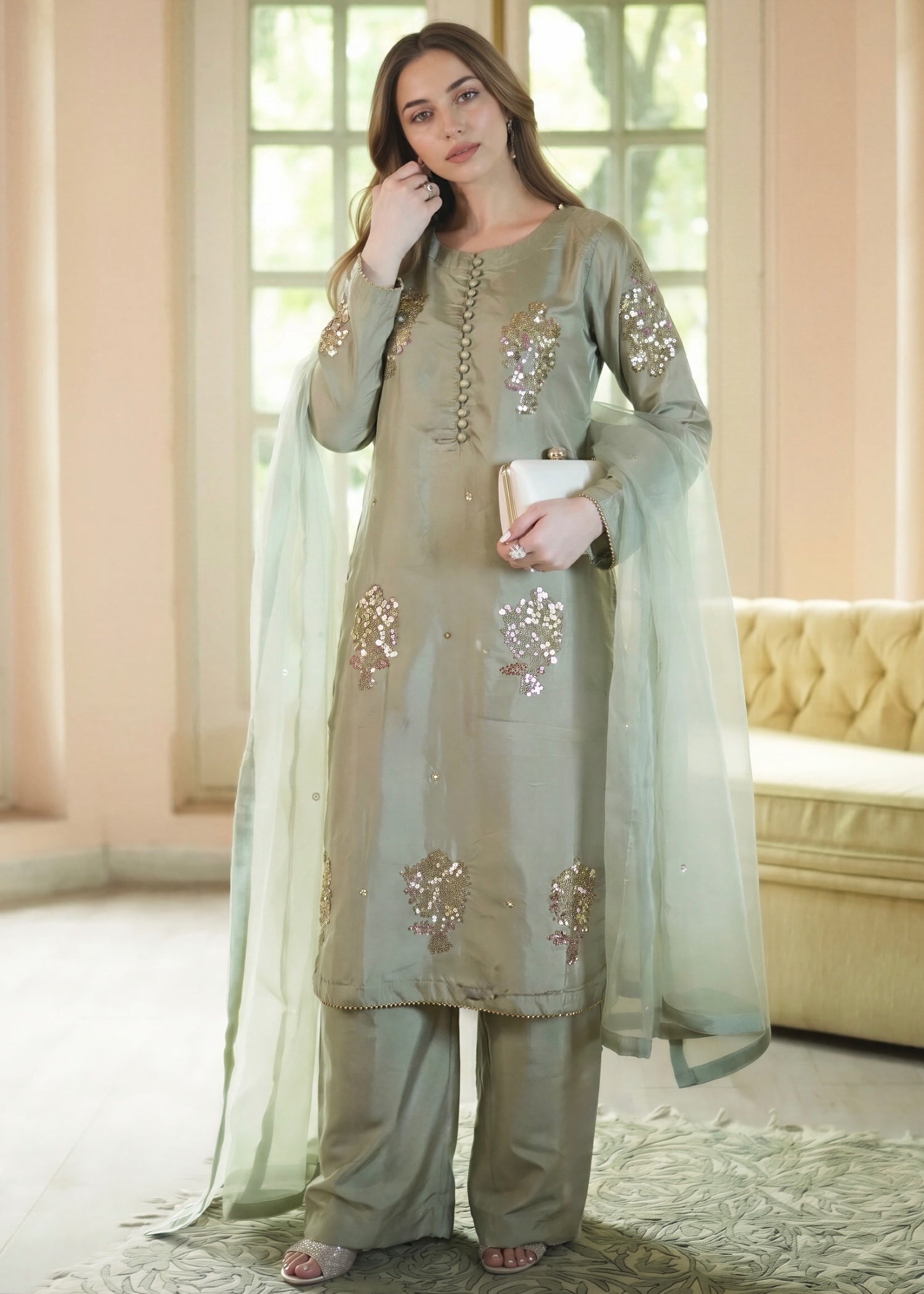 kattan silk Kurta Set in Moss green