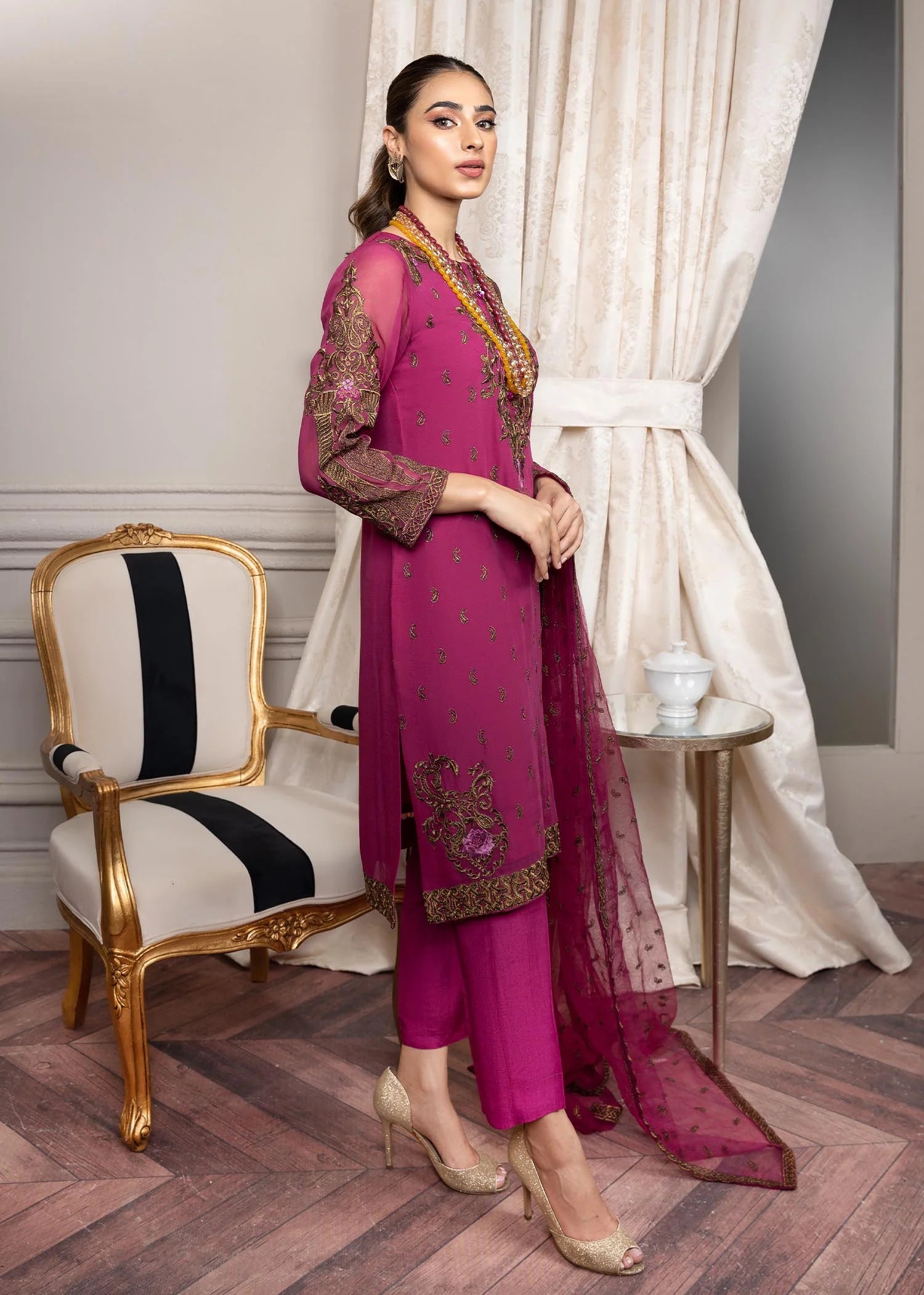 chiffon Kurta Set in Magenta