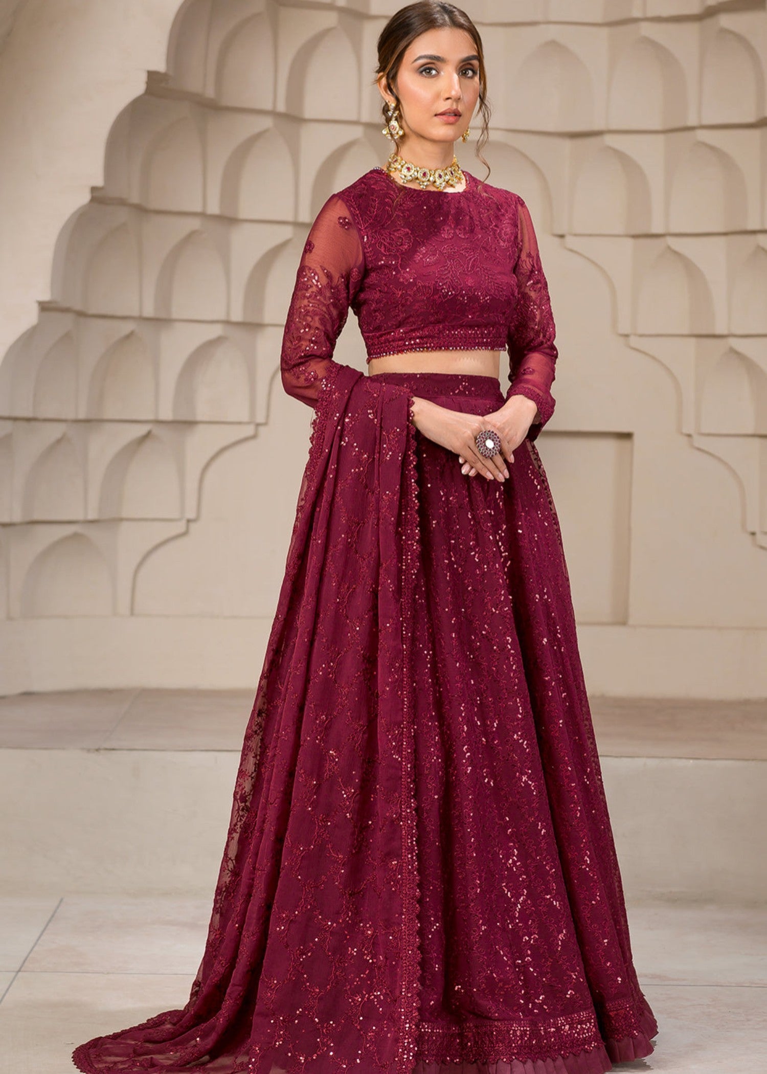 chiffon Lehenga in Cherry red