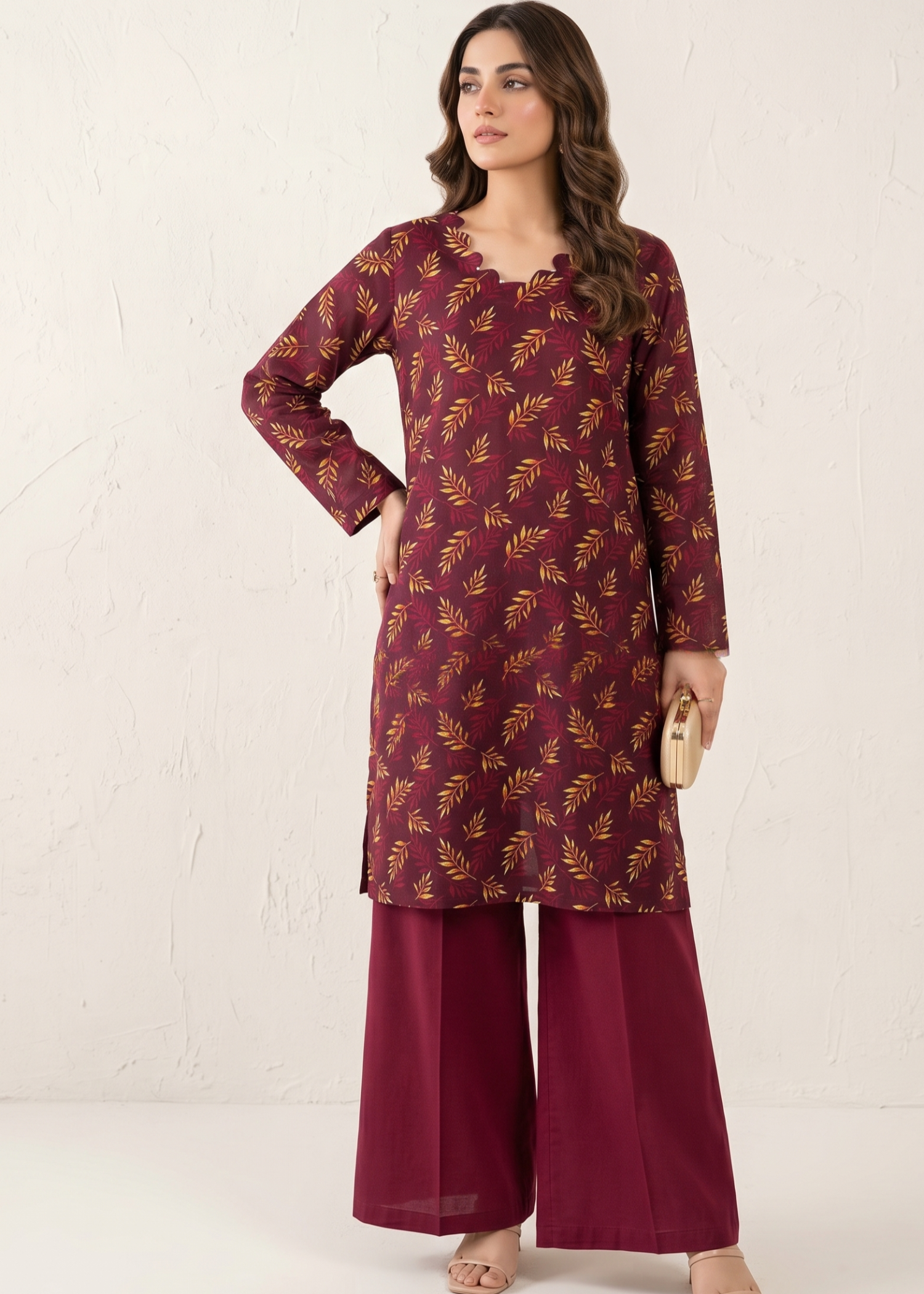 lawn Kurta Set in Wine
