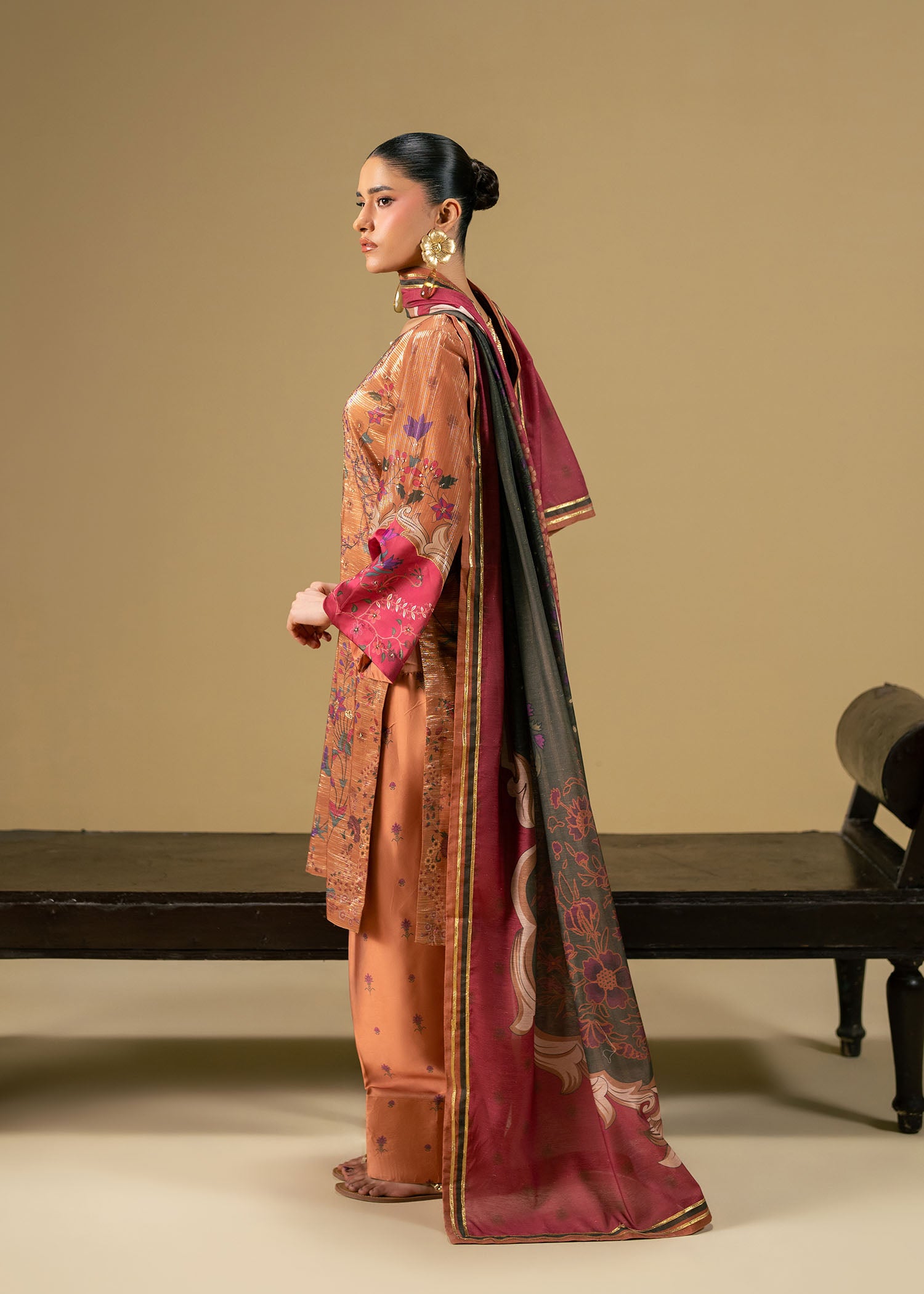 zari net Kurta Set in Rust orange