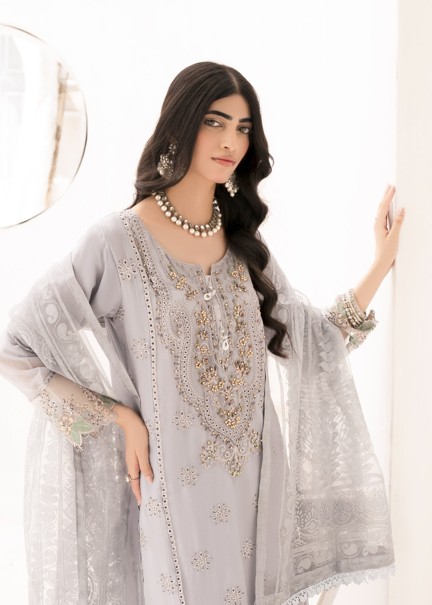 chiffon Kurta Set in Grey
