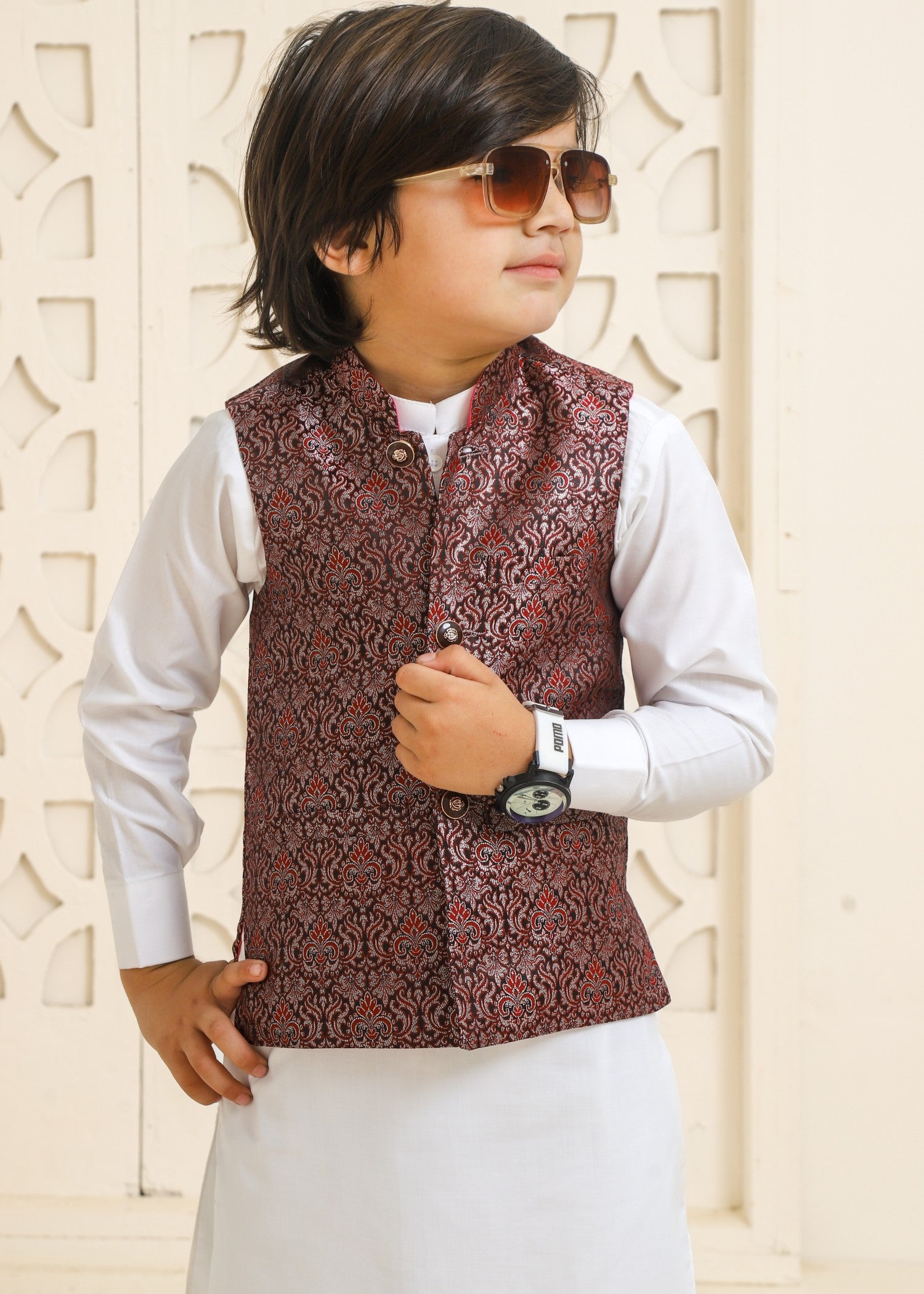 jamawar Waistcoat in Maroon
