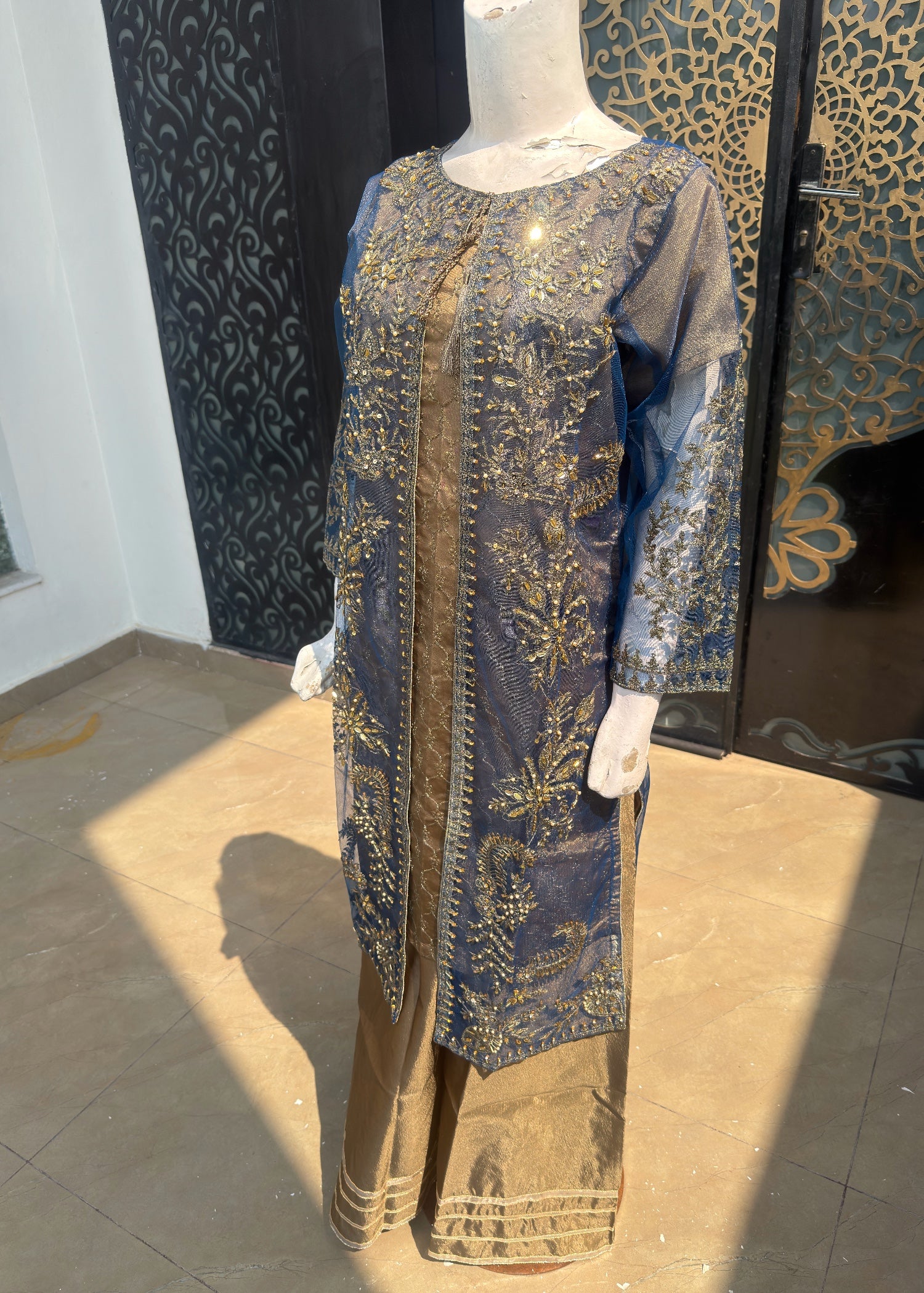 silk Gown in Blue, camel brown