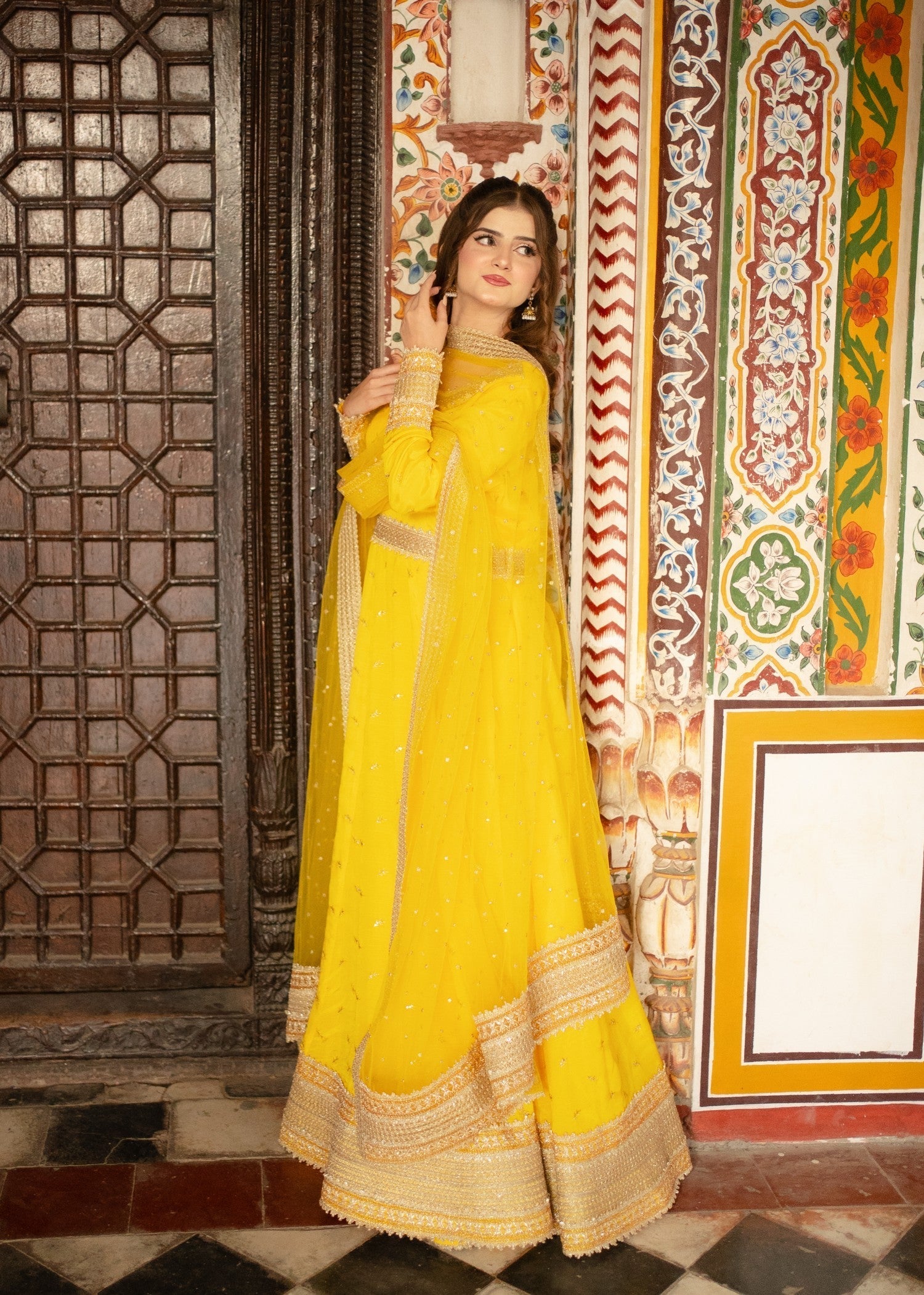 raw silk Anarkali in Yellow