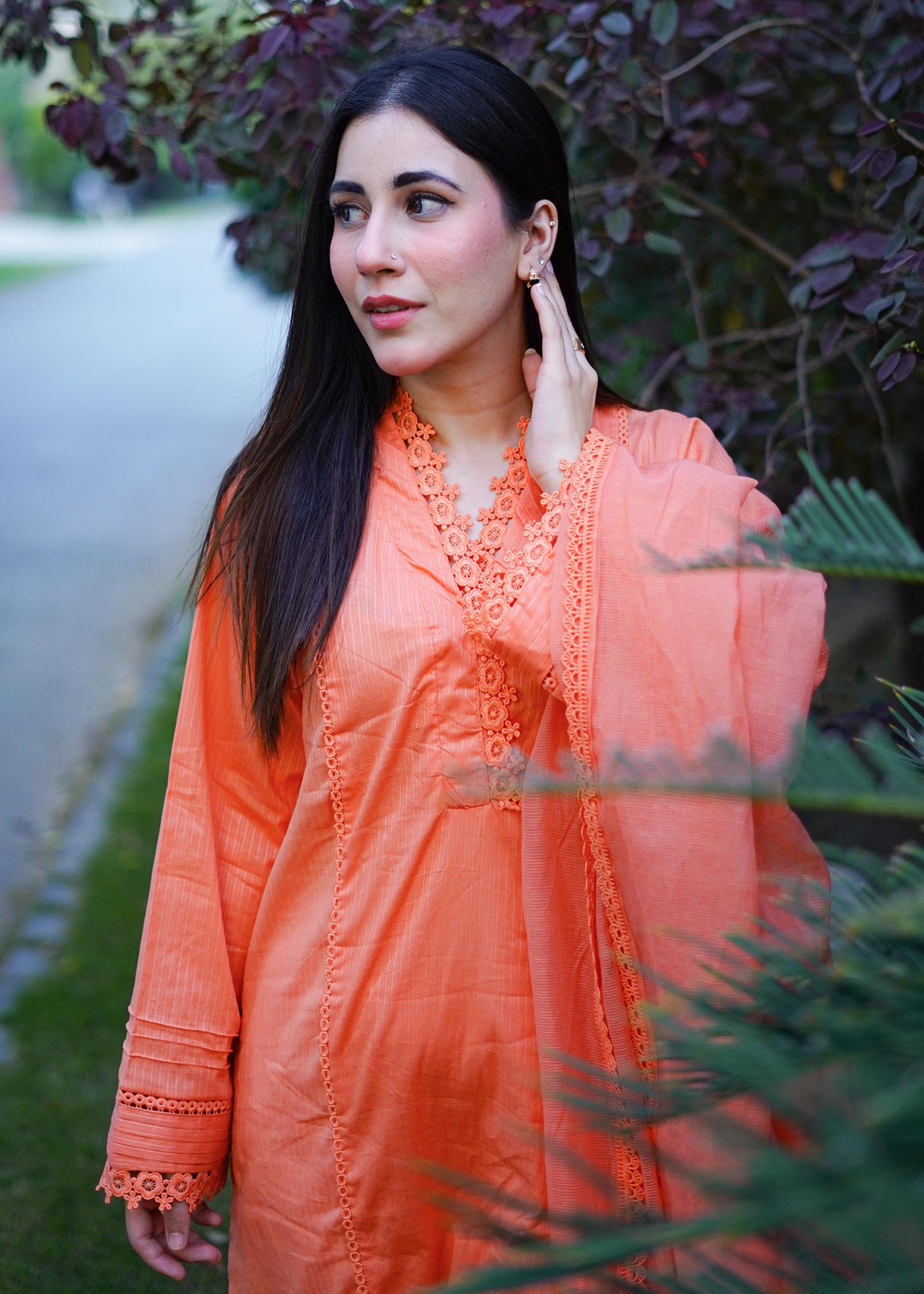 slub cambric Kurta Set in Coral orange