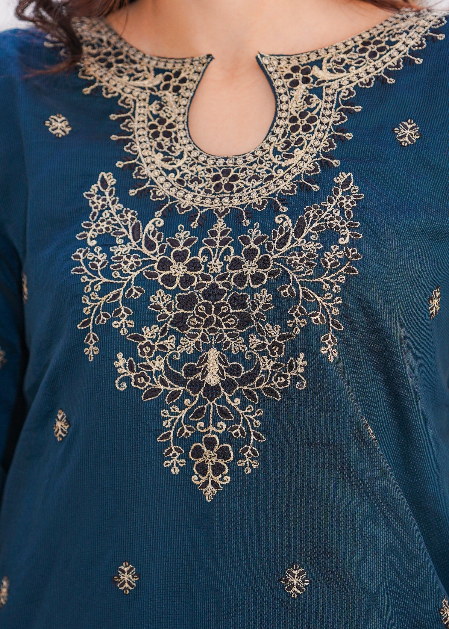 khaddi net Kurta Set in Steel blue