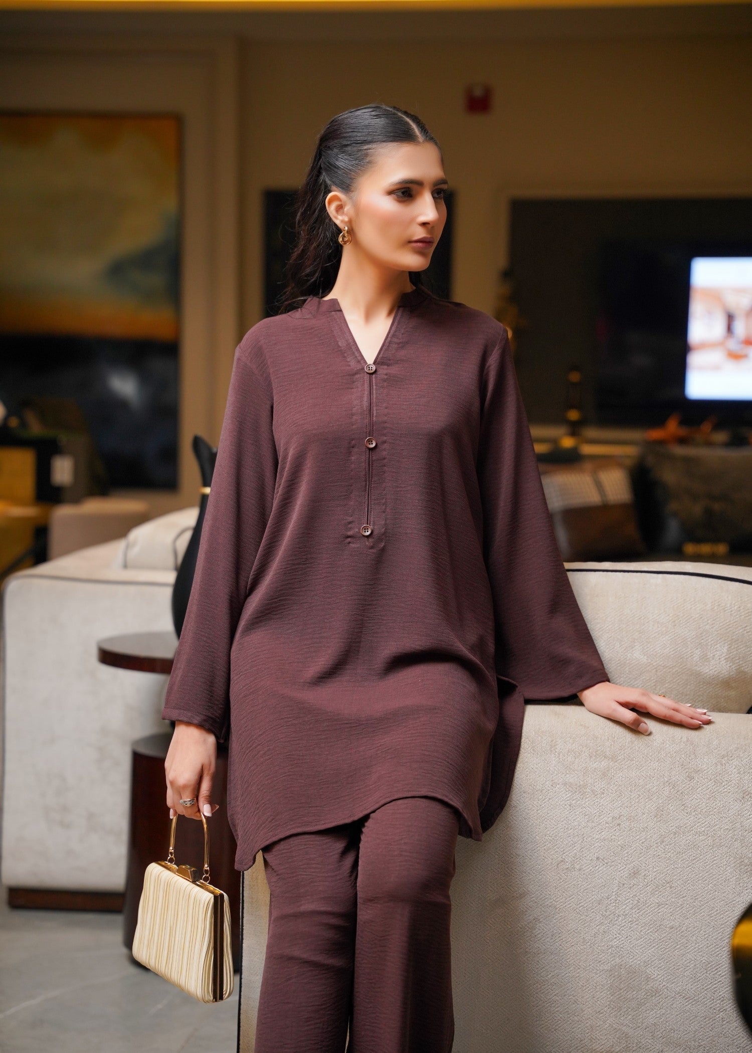 poly lawn Co ord Sets in Coffee brown