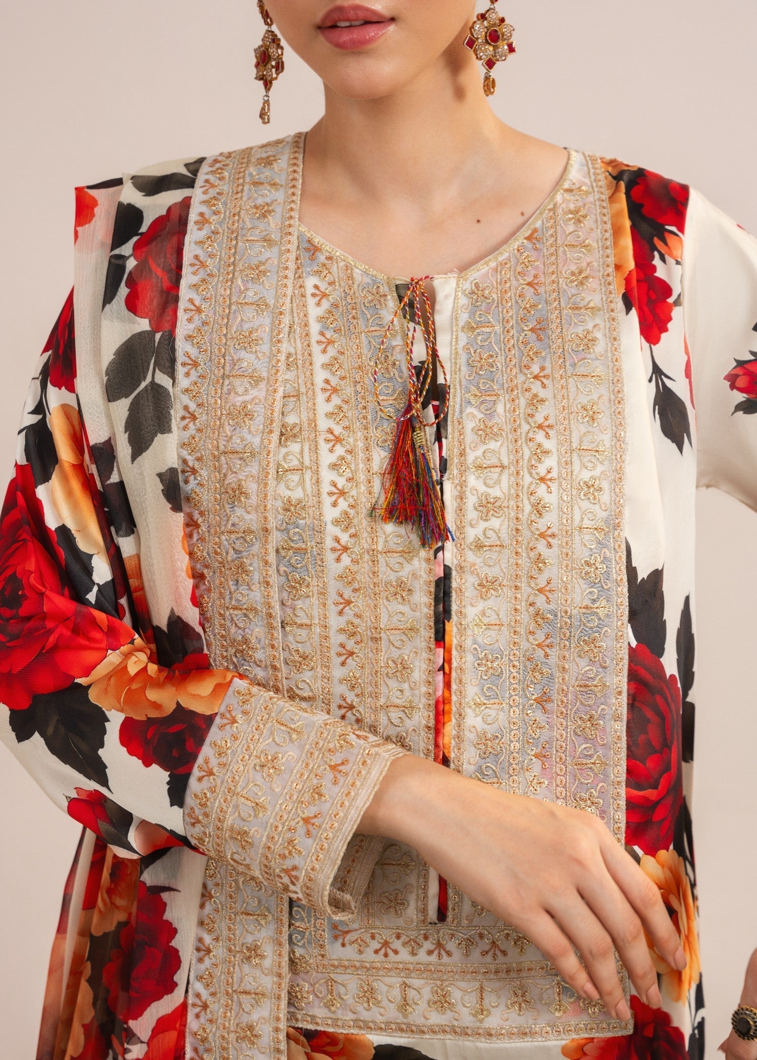silk charmeuse Kurta Set in White, gold, rose red
