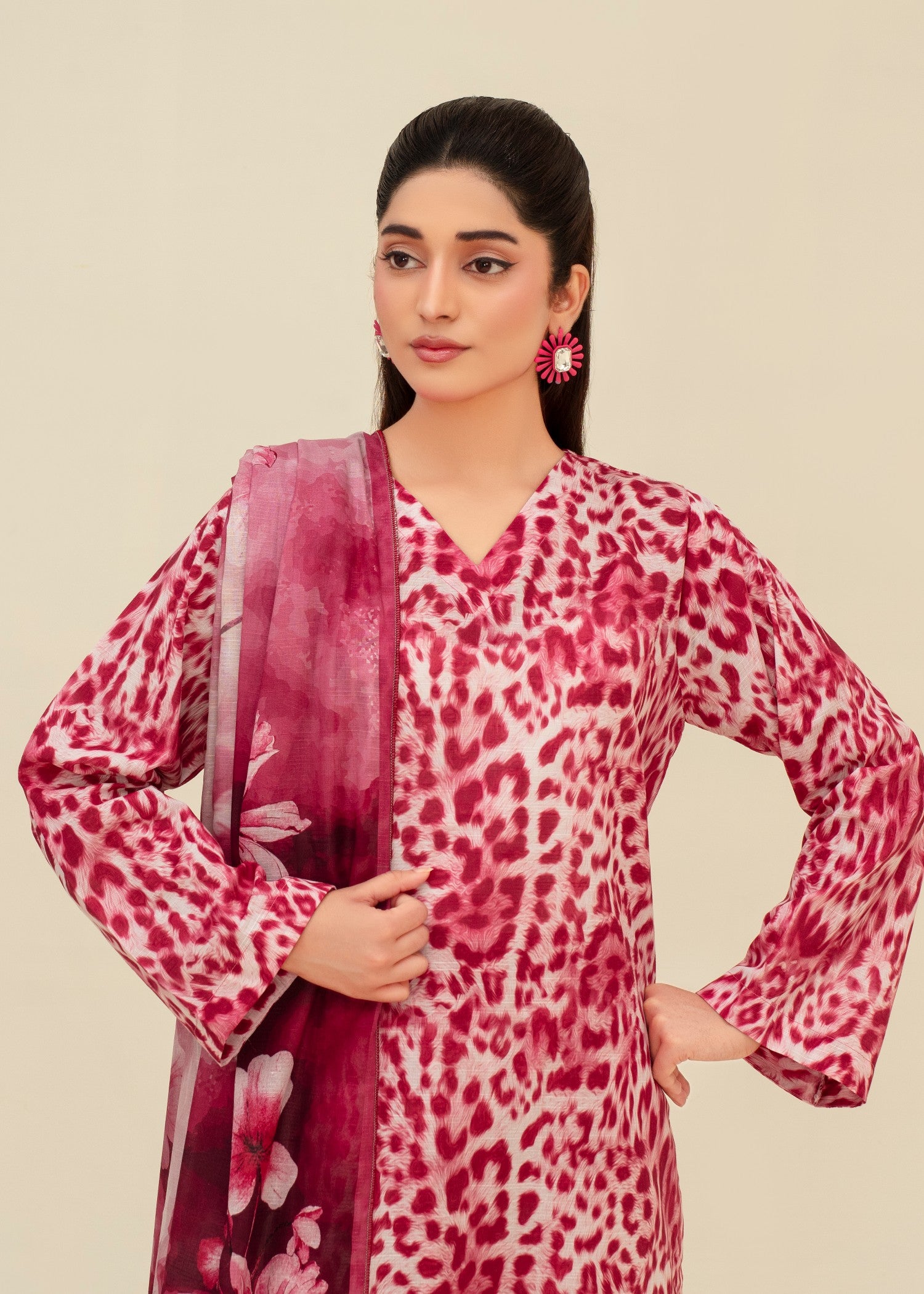 slub lawn Kurta Set in Pink