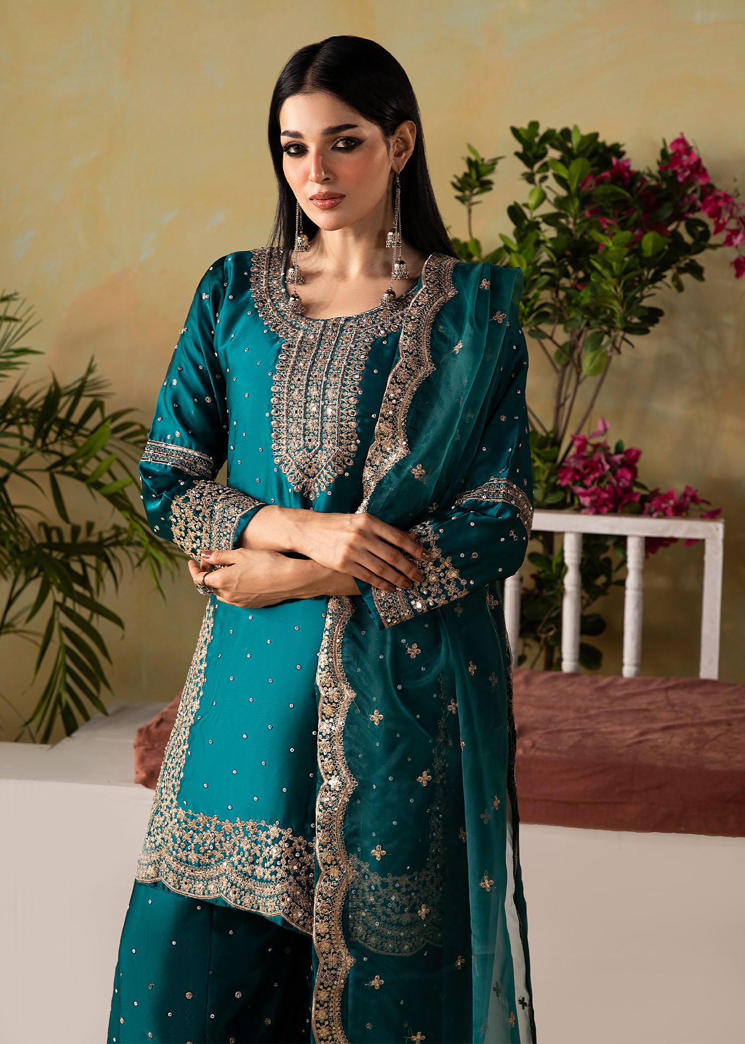 silk charmeuse Kurta Set in Teal