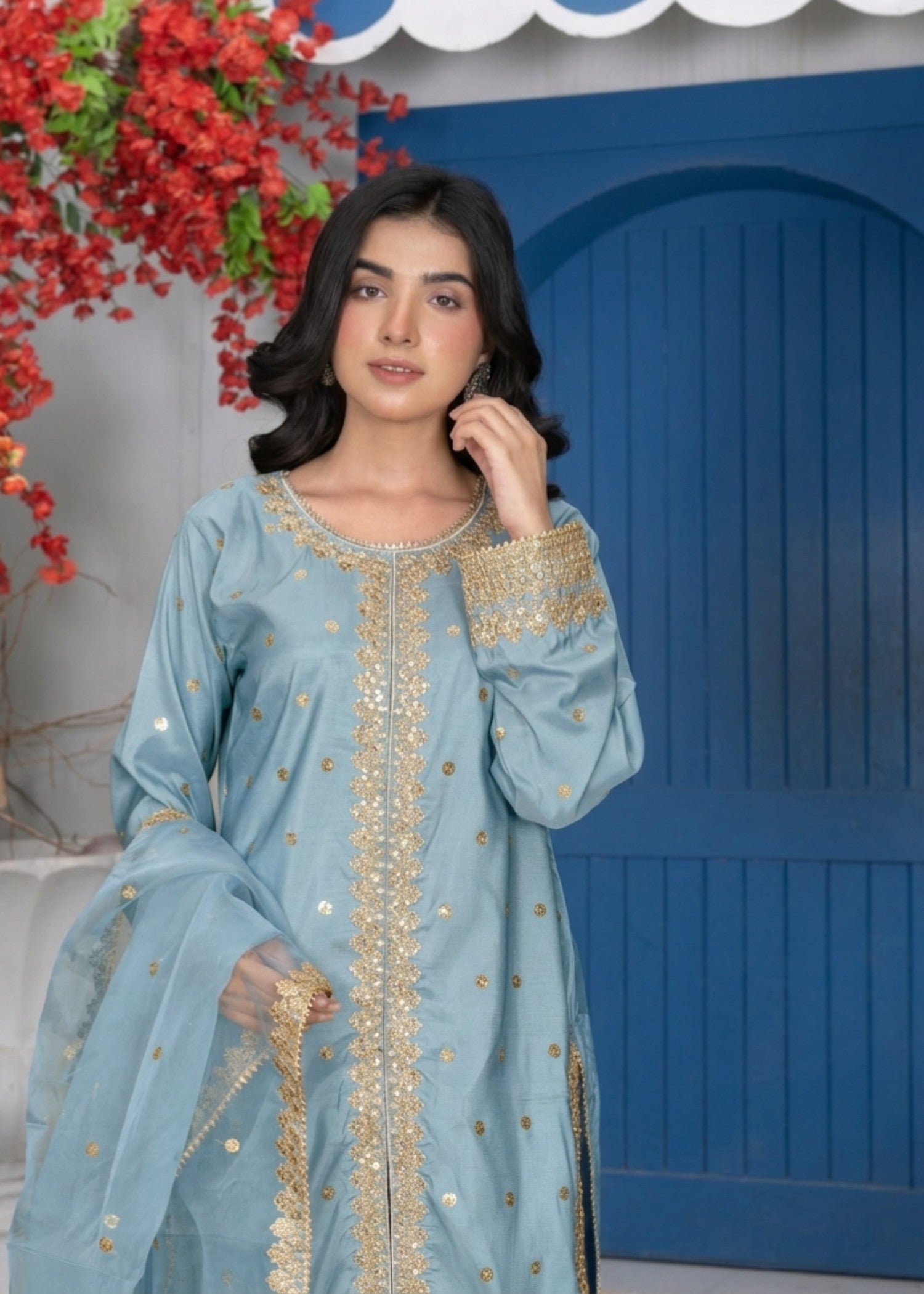 silk Kurta Set in Frost blue