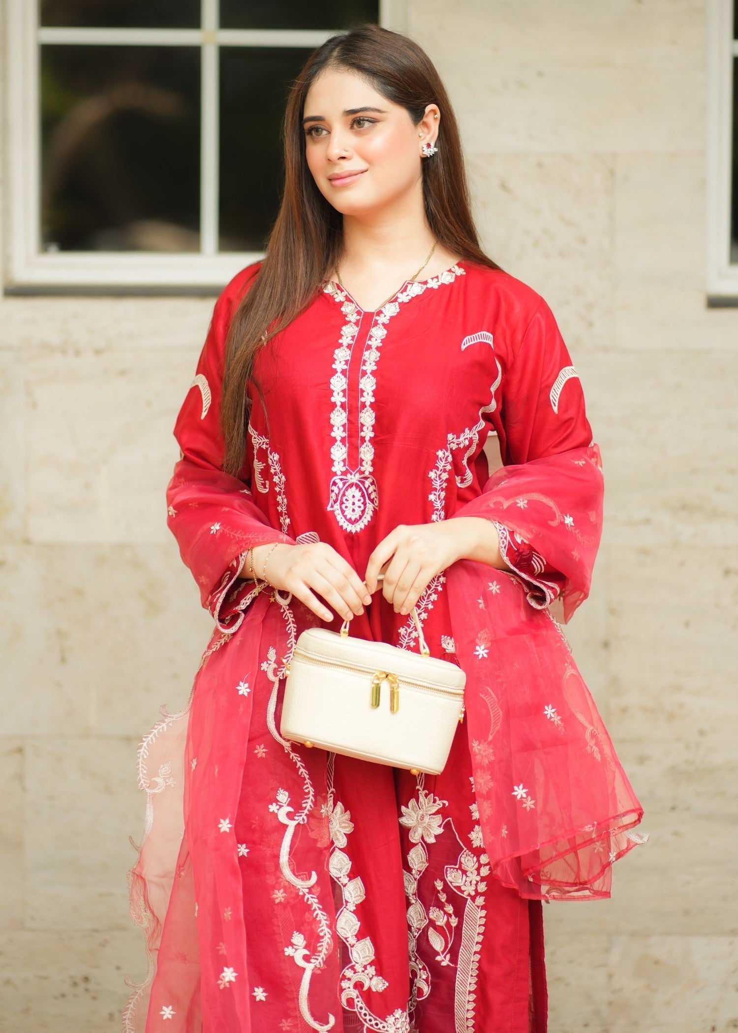 linen Kurta Set in Red