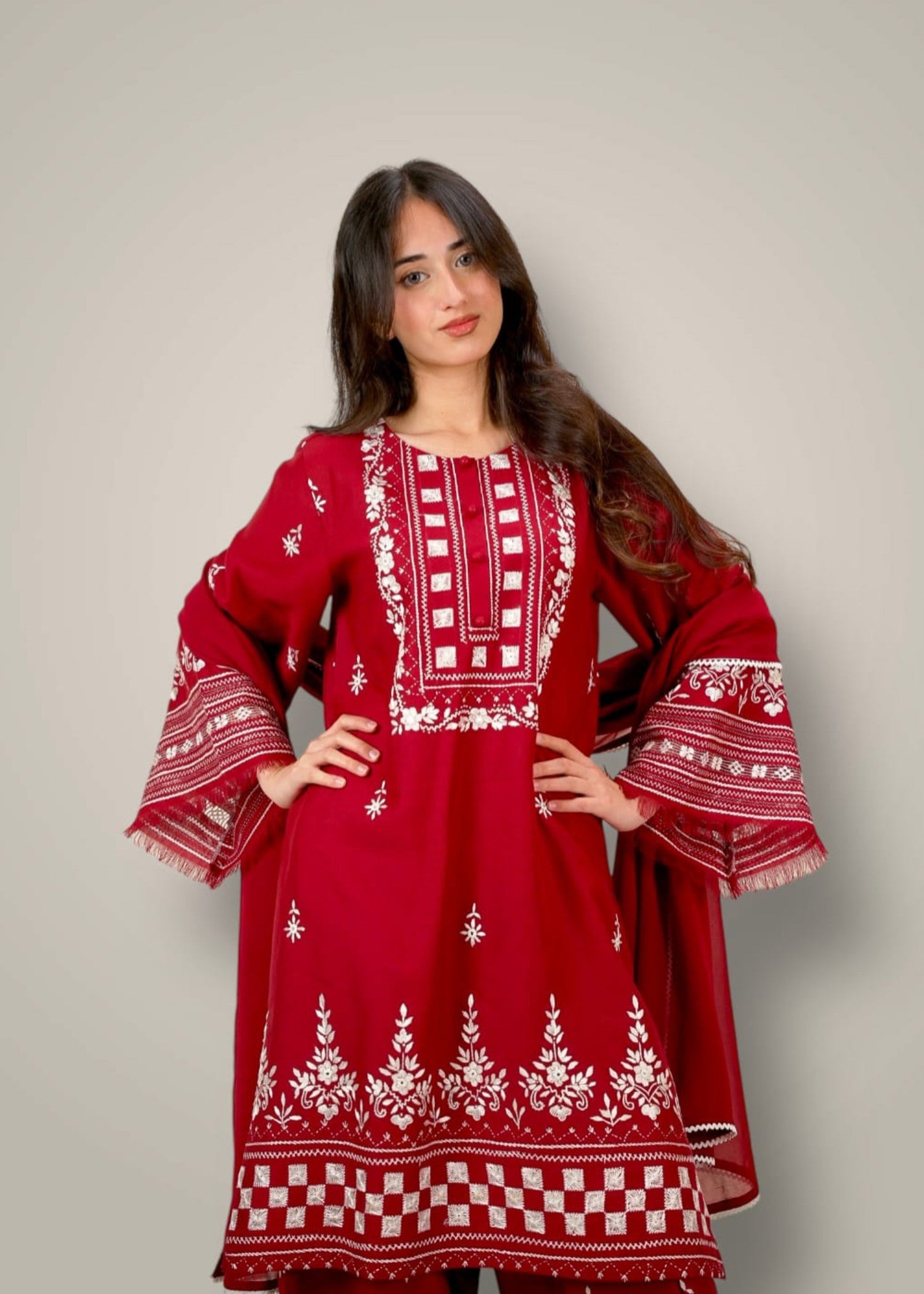 khaddar Kurta Set in Blush red