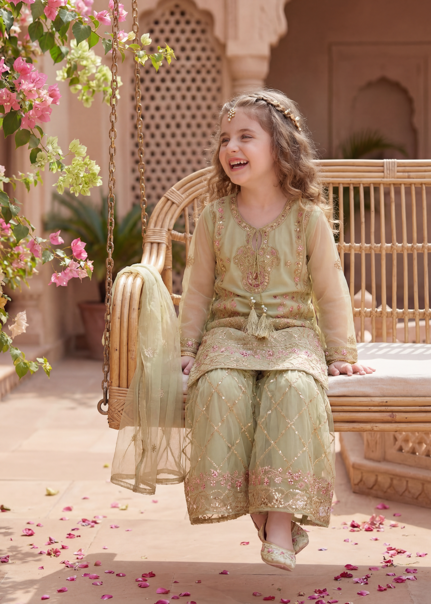 organza Gharara in Pistachio green