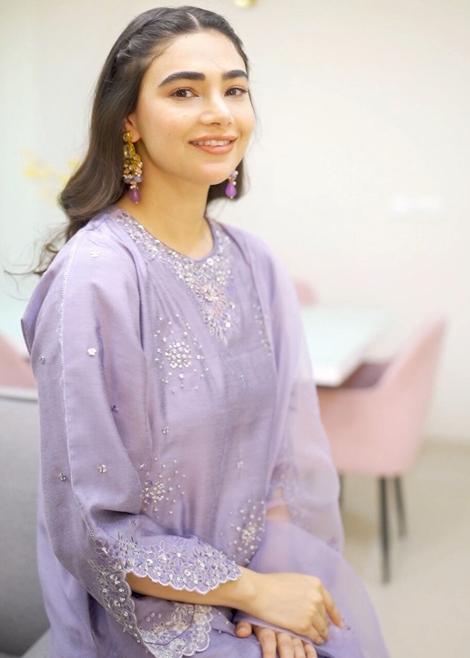 khaddi silk Kurta Set in Lavender