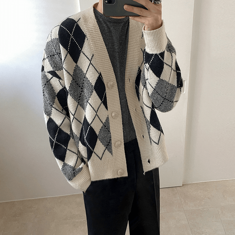 Classic Diamond Sweater Men'S V-Neck Knit Jacket