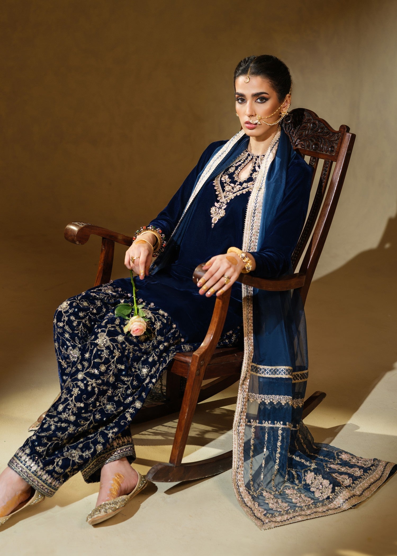 velvet Kurta Set in Navy blue