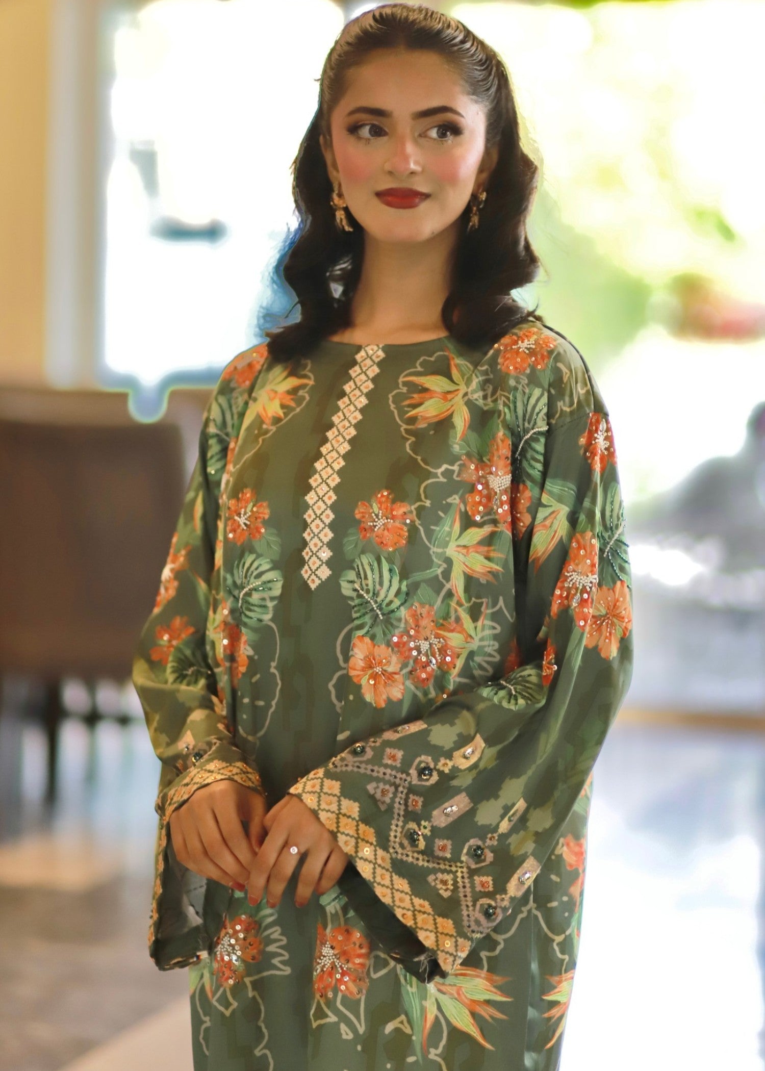 pk charmuse silk Kaftan in Olive green