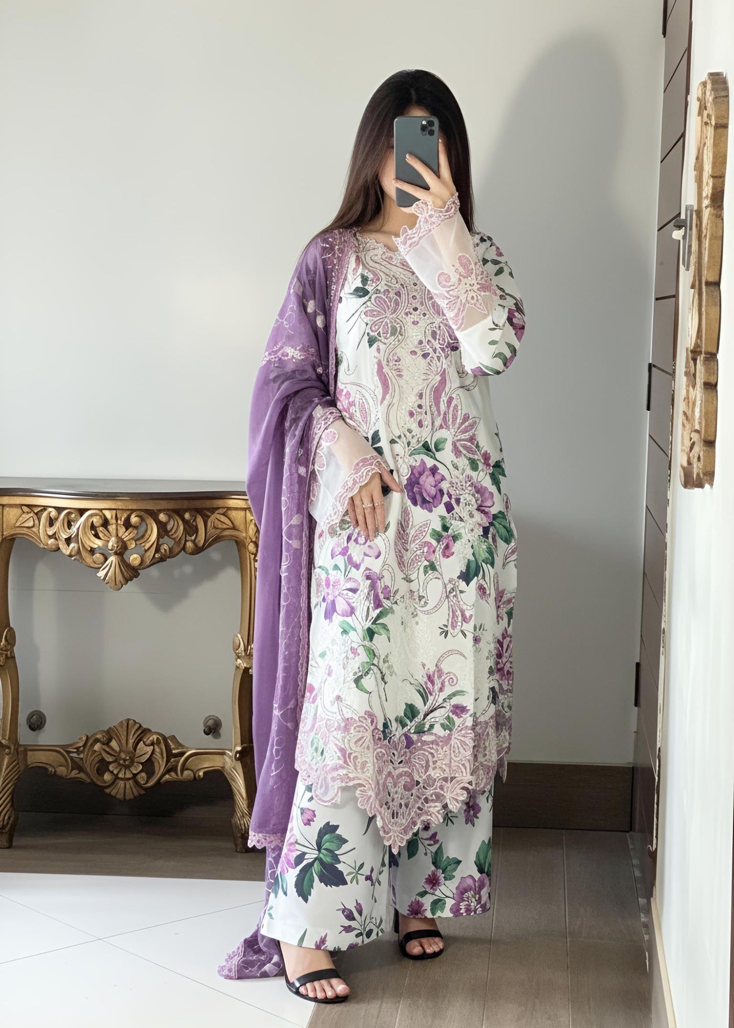 lawn Kurta Set in Purple, white