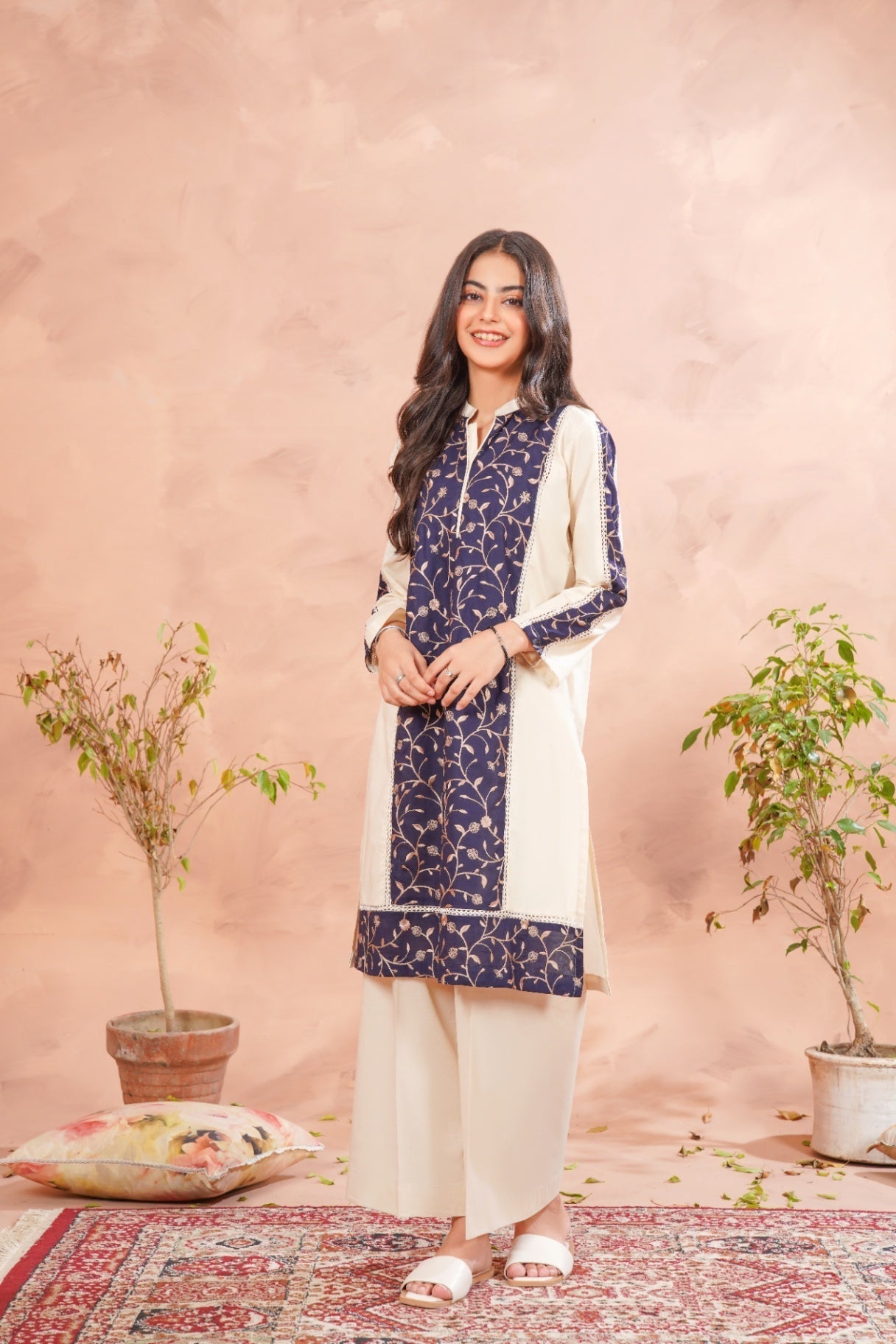 cotton Kurta Set in Wheat, navy blue