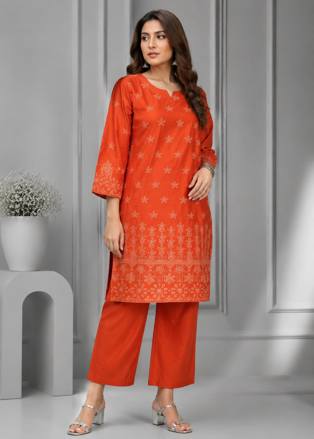 chikankari cotton Kurta Set in Coral orange